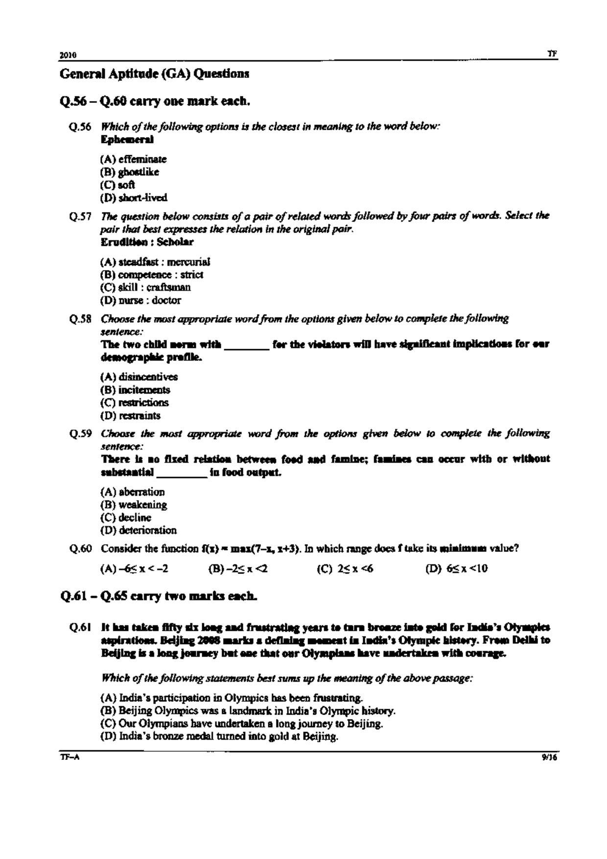 GATE 2010 Textile Engineering and Fibre Science (TF) Question Paper with Answer Key - Page 9