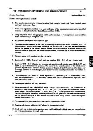 GATE 2010 Textile Engineering and Fibre Science (TF) Question Paper with Answer Key