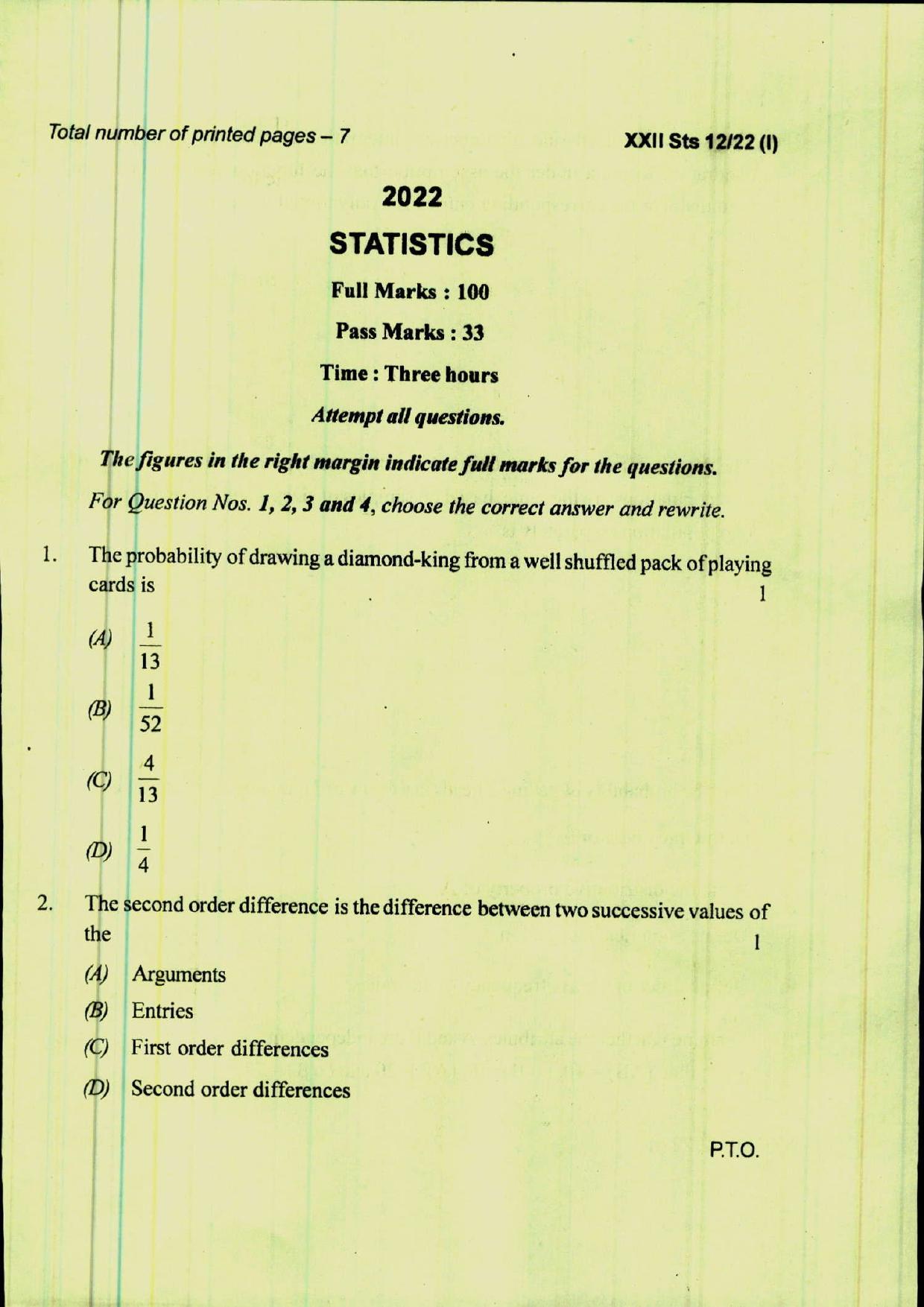 COHSEM 12th Question Papers Improvement 2022 Statistics - Page 1