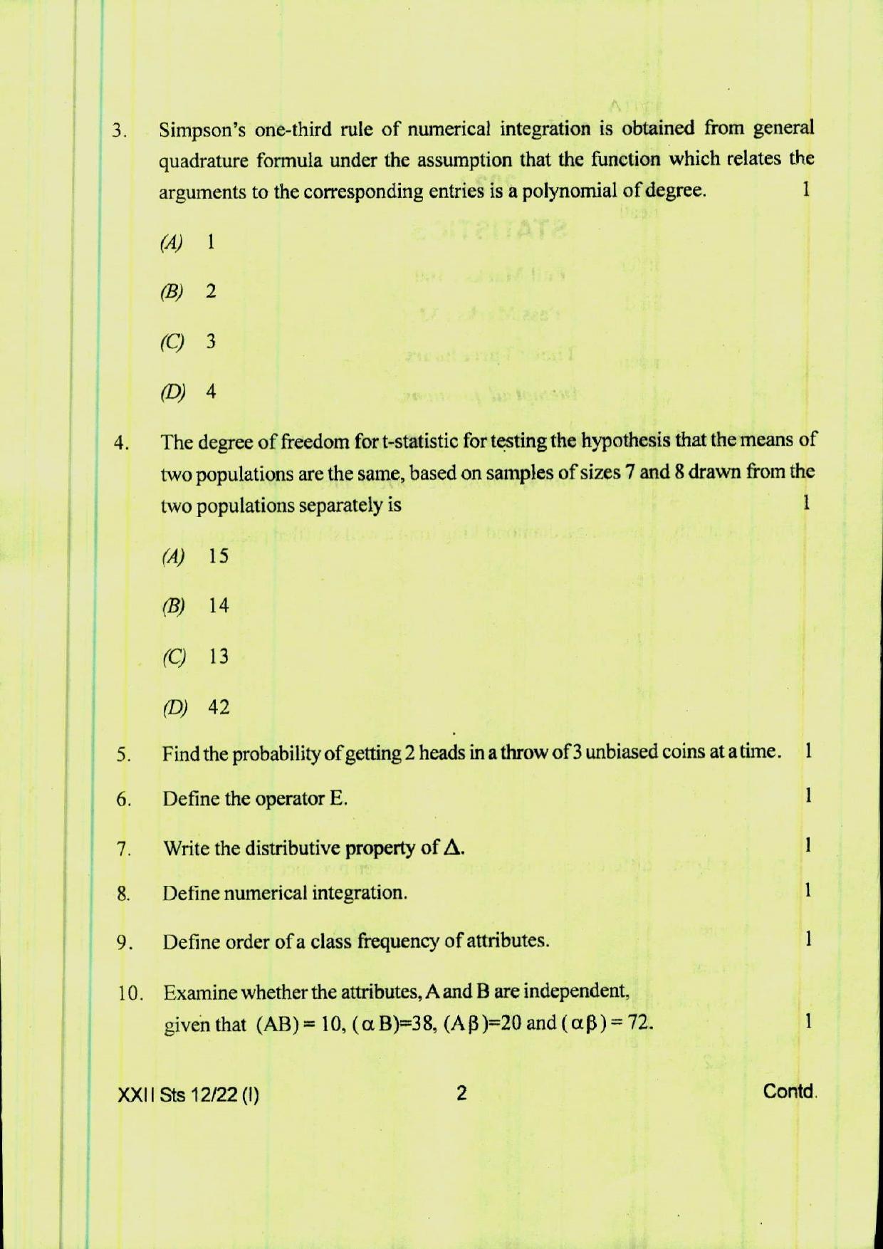 COHSEM 12th Question Papers Improvement 2022 Statistics - Page 2