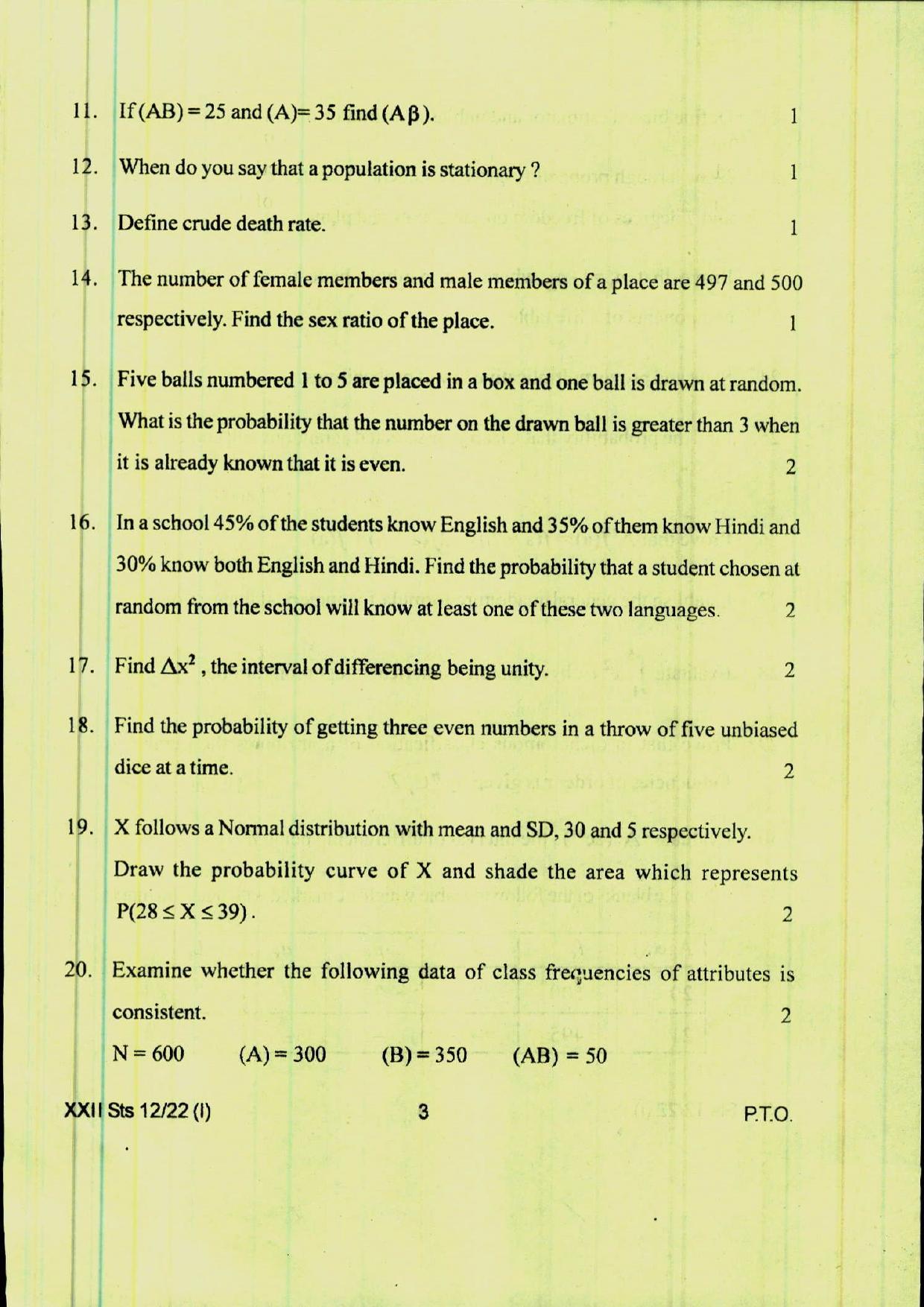 COHSEM 12th Question Papers Improvement 2022 Statistics - Page 3