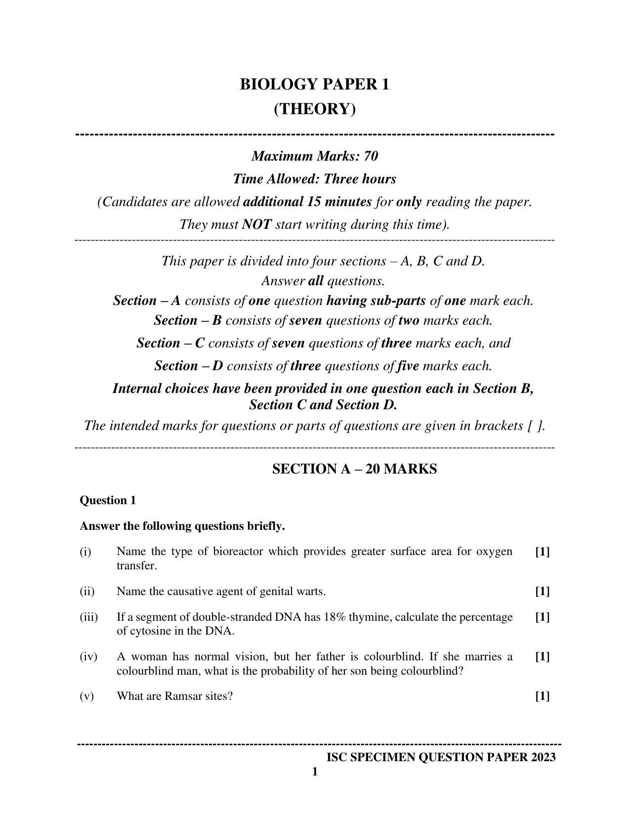 ISC Class 12 Biology Paper 1 Sample Paper 2023 - Page 1