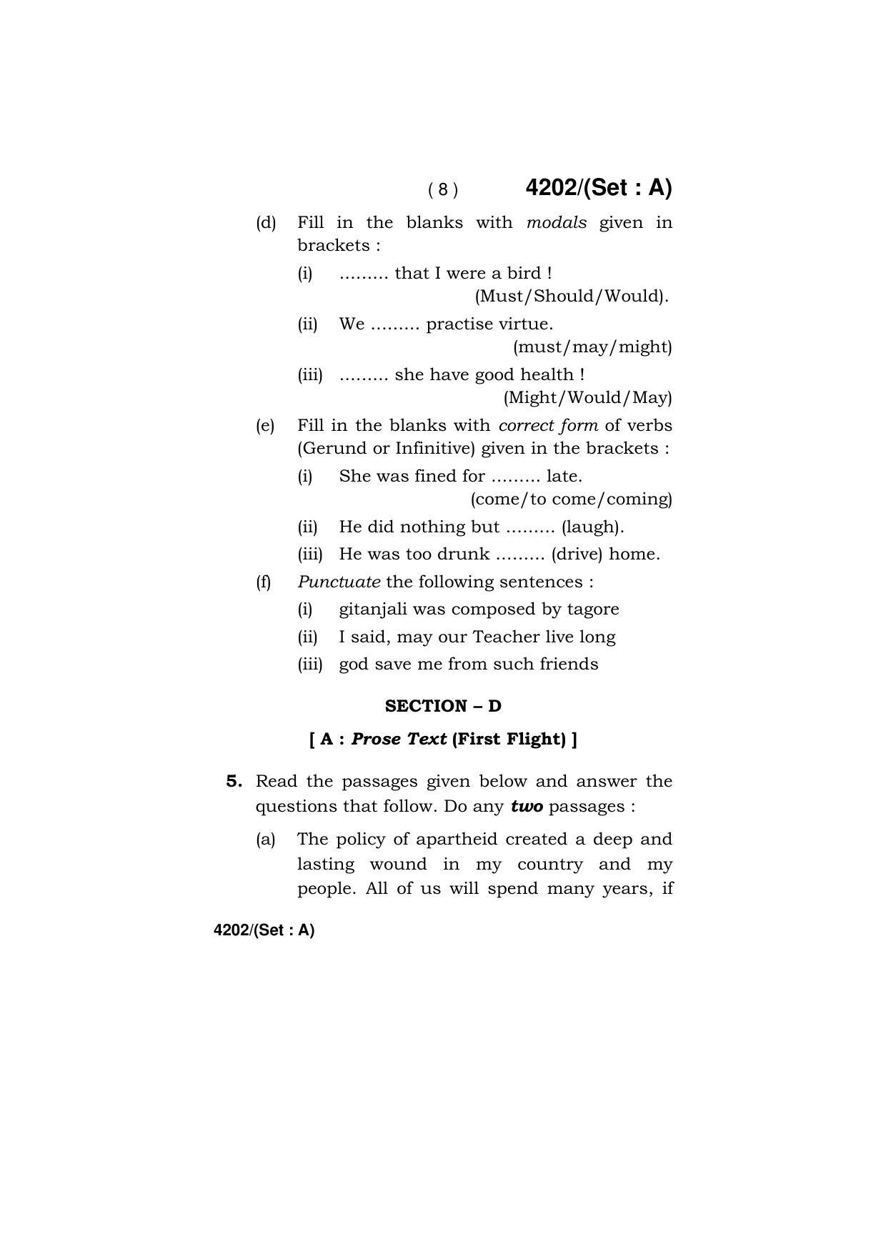 Haryana Board HBSE Class 10 English (All Set) 2019 Question Paper - Page 8