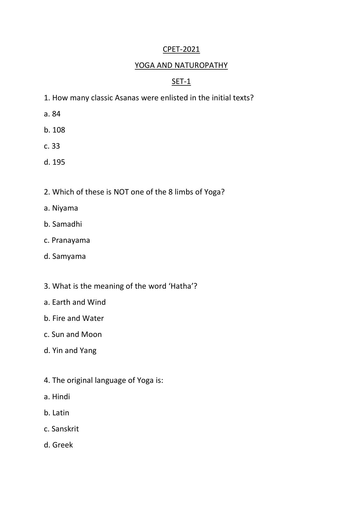 Odisha CPET 2021 YOGA & NATUROPATHY Question Paper - Page 1