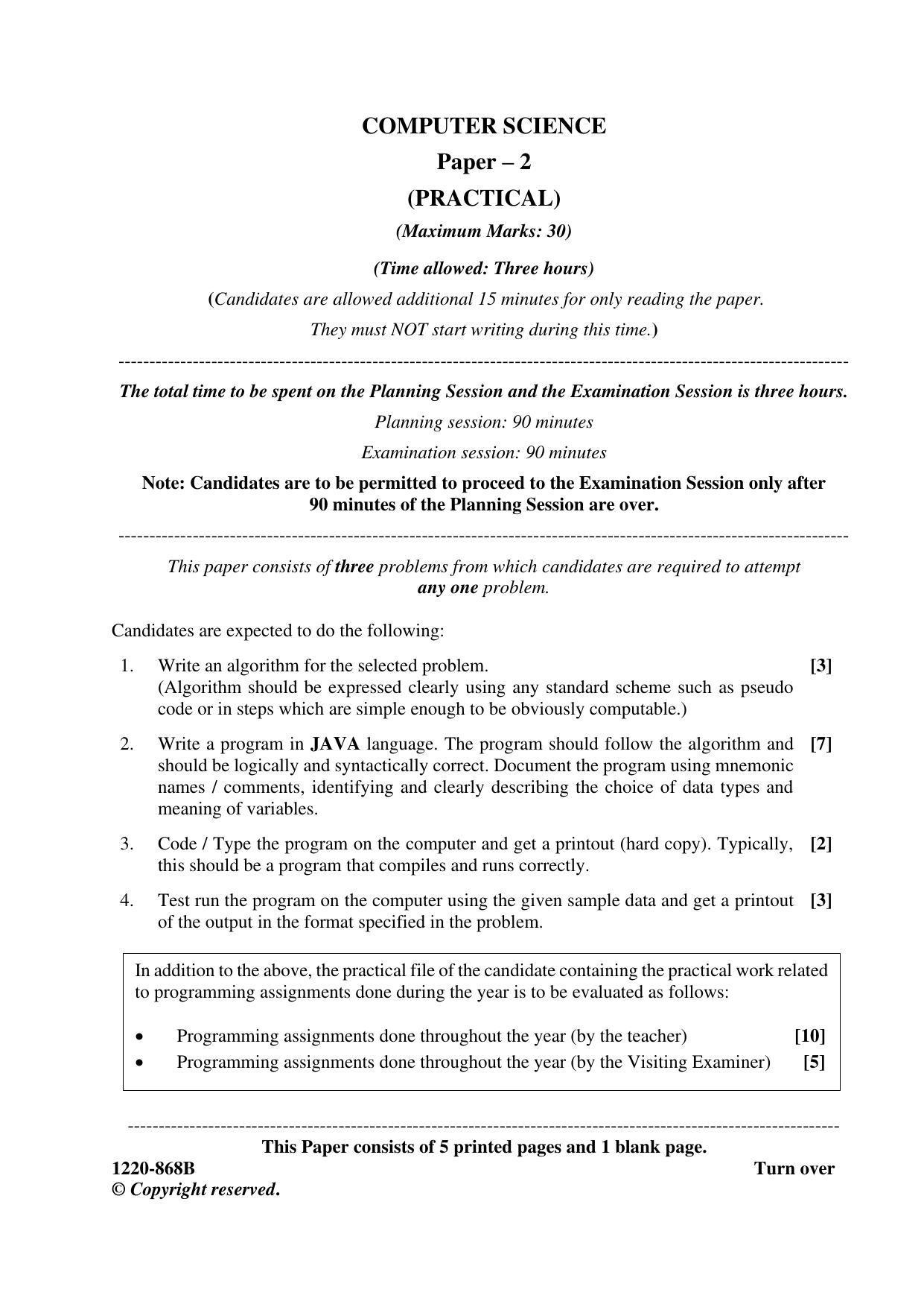 ISC Class 12 2020 Computer Science Paper II Question Paper - Page 1
