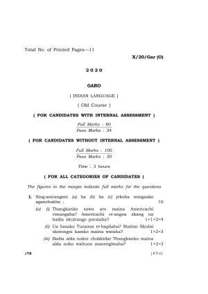 Meghalaya Board (MBOSE) Class 10 GARO ( INDIAN LANGUAGE ) ( Old Course ) 2020 Question Paper