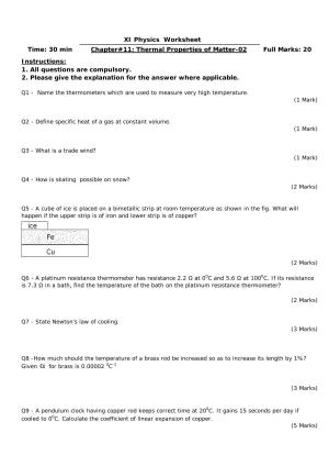 CBSE Worksheets for Class 11 Physics Thermal Properties of Matter-02