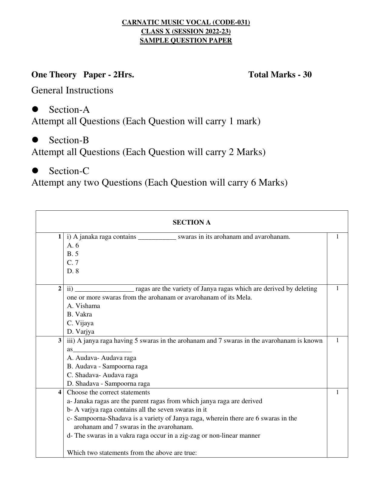 CBSE Class 10 Carnatic Music-Vocal Sample Papers 2023 - Page 1