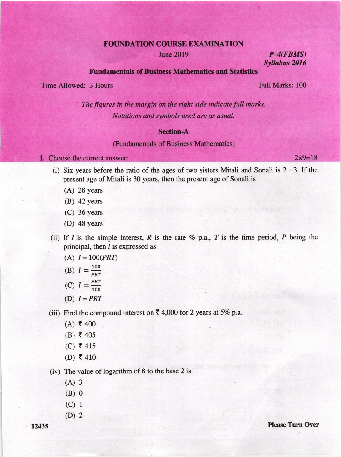 ICMAI June 2019 Fundamentals of Business Mathematics and Statistics Question Paper - Page 1