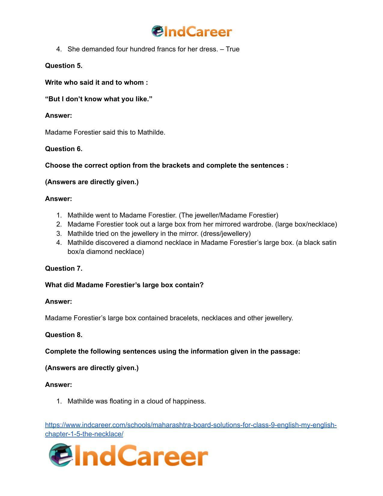 Maharashtra Board Solutions for Class 9- English (My English): Chapter 1.5- The Necklace - Page 18
