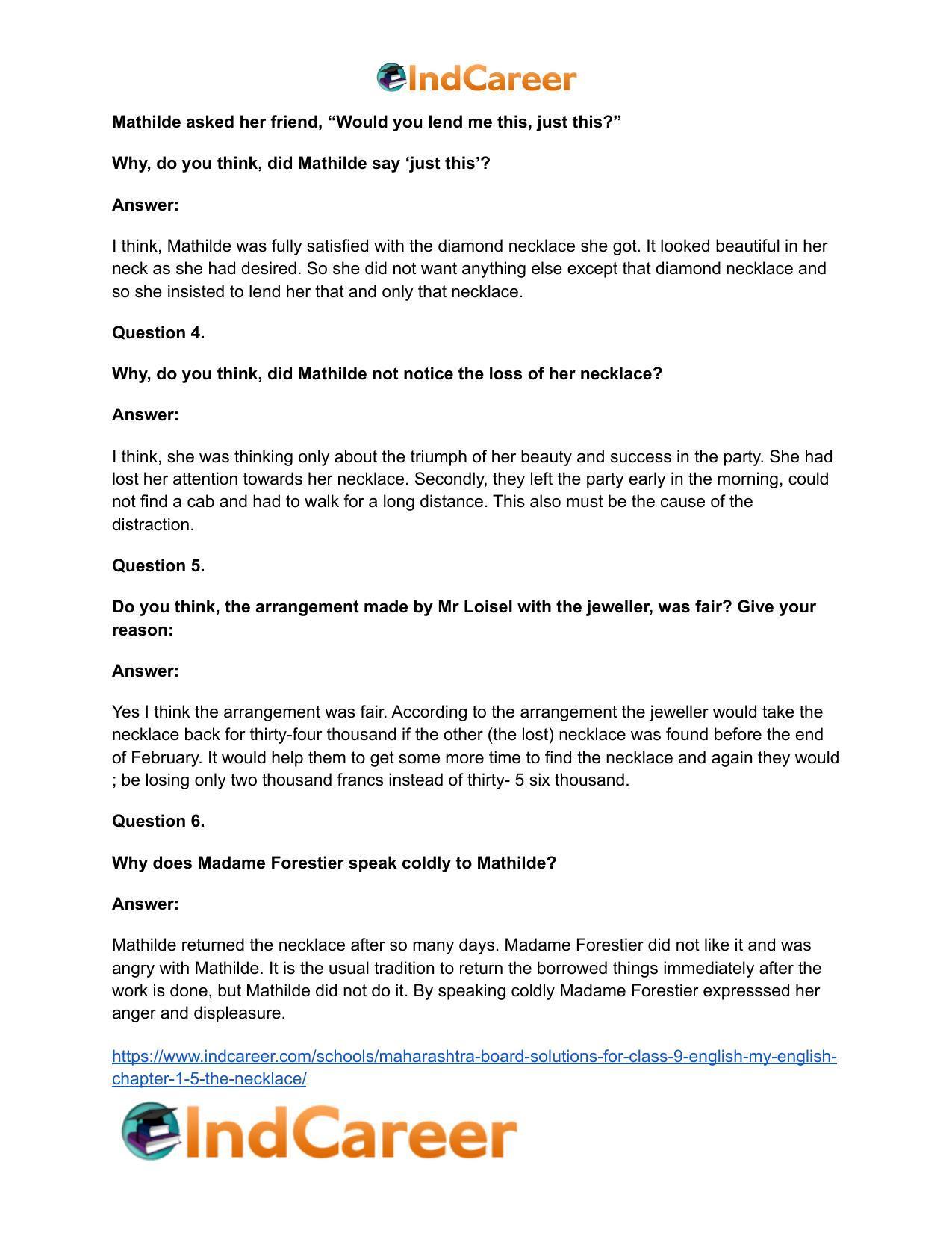 Maharashtra Board Solutions for Class 9- English (My English): Chapter 1.5- The Necklace - Page 39