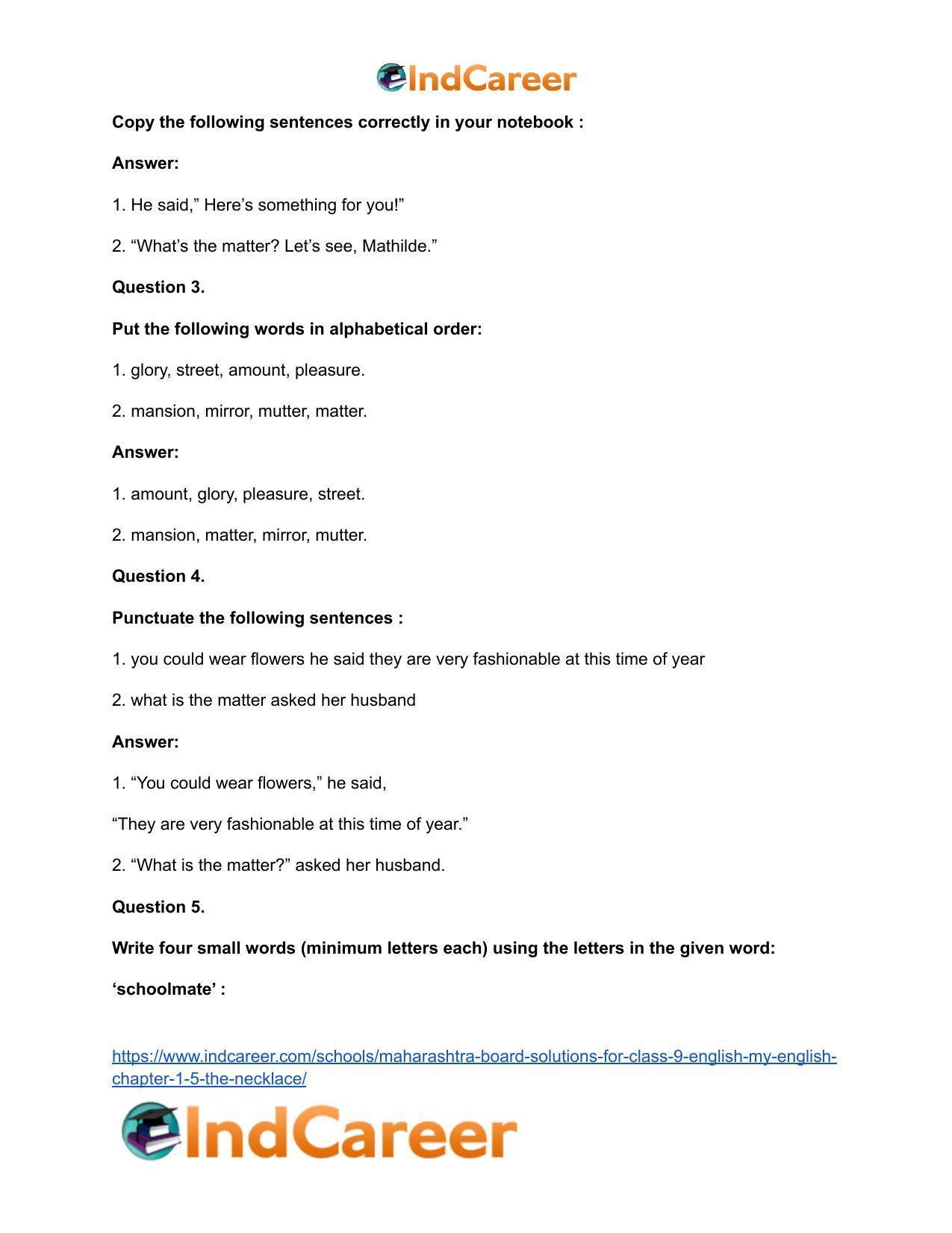 Maharashtra Board Solutions for Class 9- English (My English): Chapter 1.5- The Necklace - Page 42