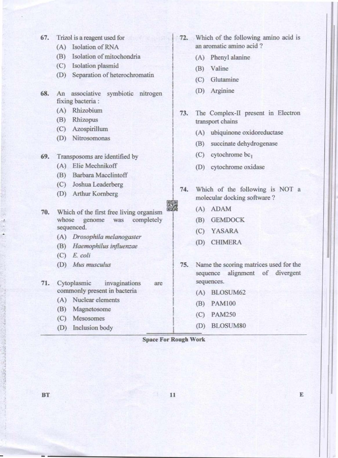 Karnataka PGCET 2019 Biotechnology Question Paper - Page 11