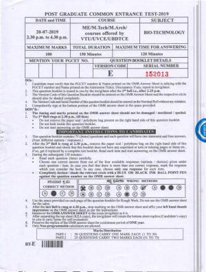 Karnataka PGCET 2019 Biotechnology Question Paper