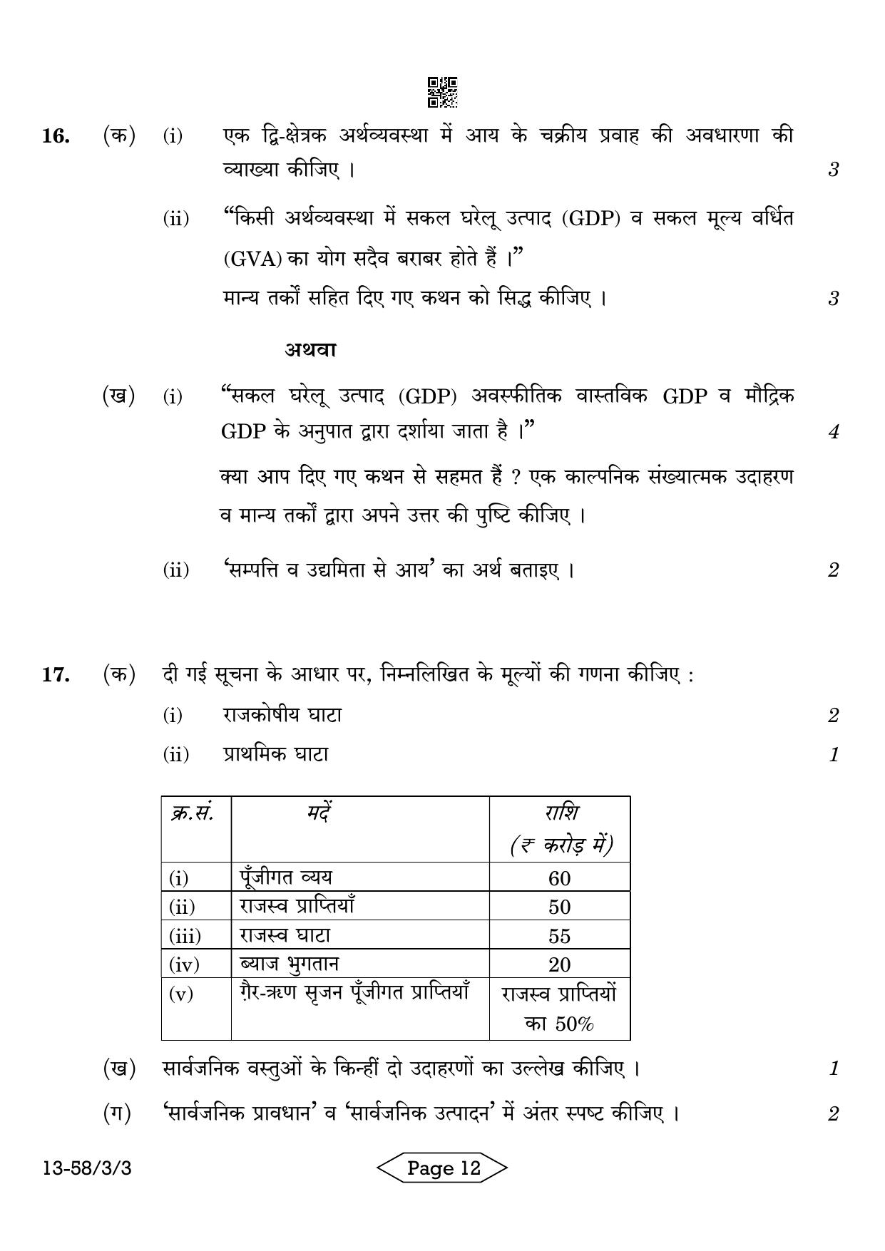 CBSE Class 12 58-3-3 Economics 2024 Question Paper - Page 12
