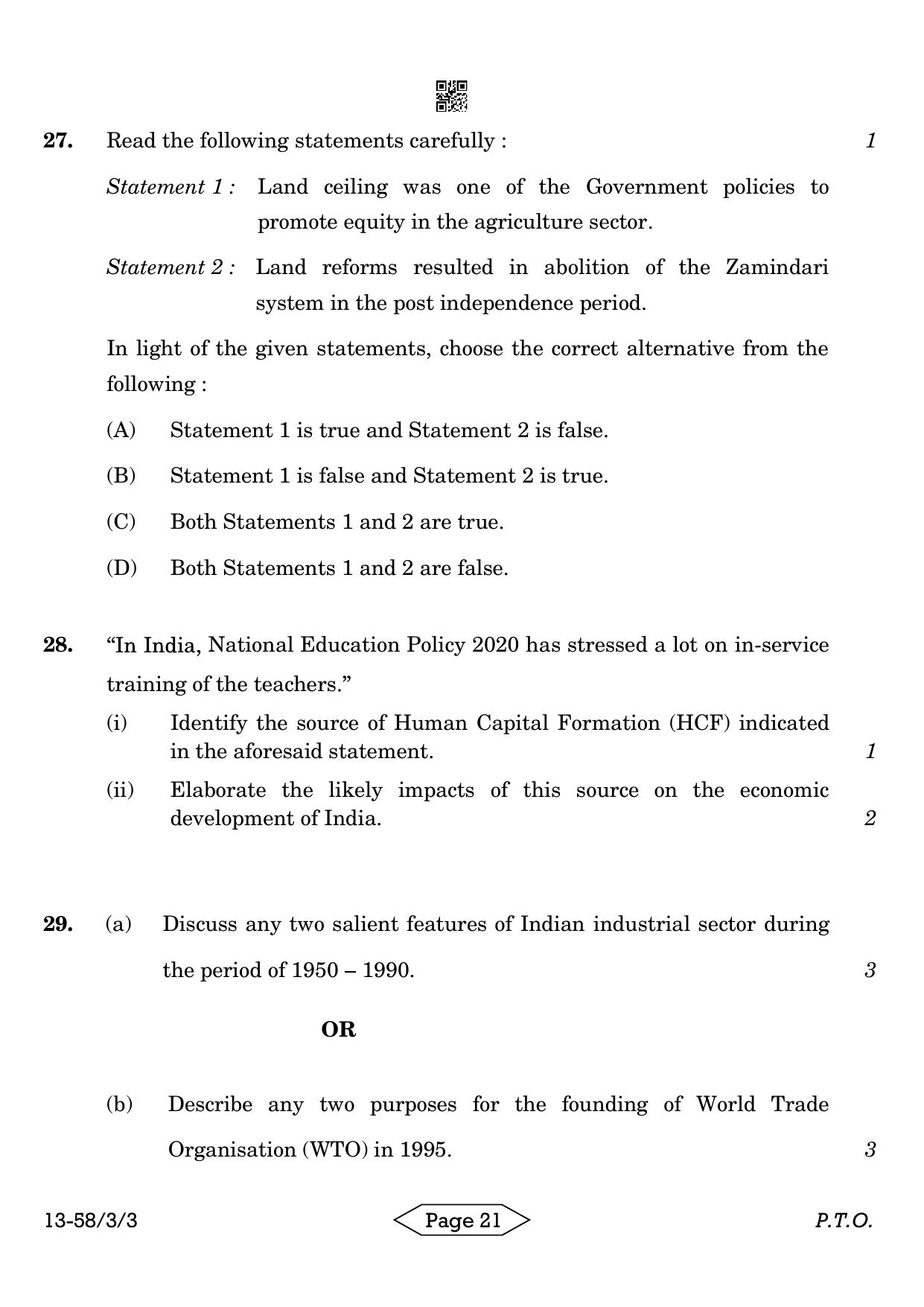 CBSE Class 12 58-3-3 Economics 2024 Question Paper - Page 21