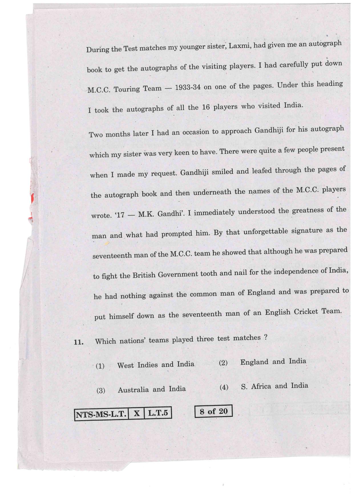 Maharashtra NTSE 2016 LT (English) Question Paper - Page 8