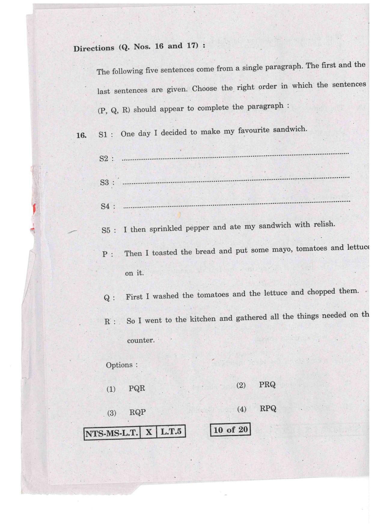 Maharashtra NTSE 2016 LT (English) Question Paper - Page 10