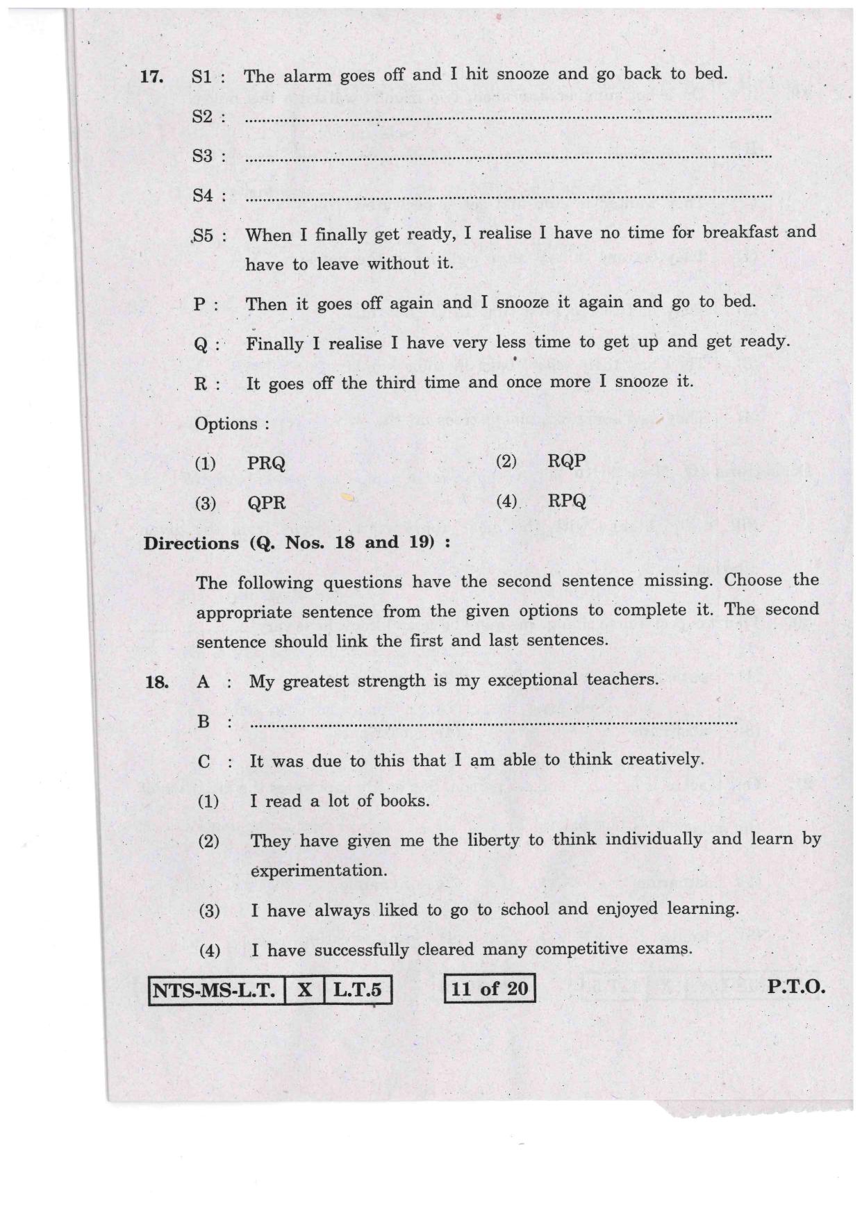 Maharashtra NTSE 2016 LT (English) Question Paper - Page 11