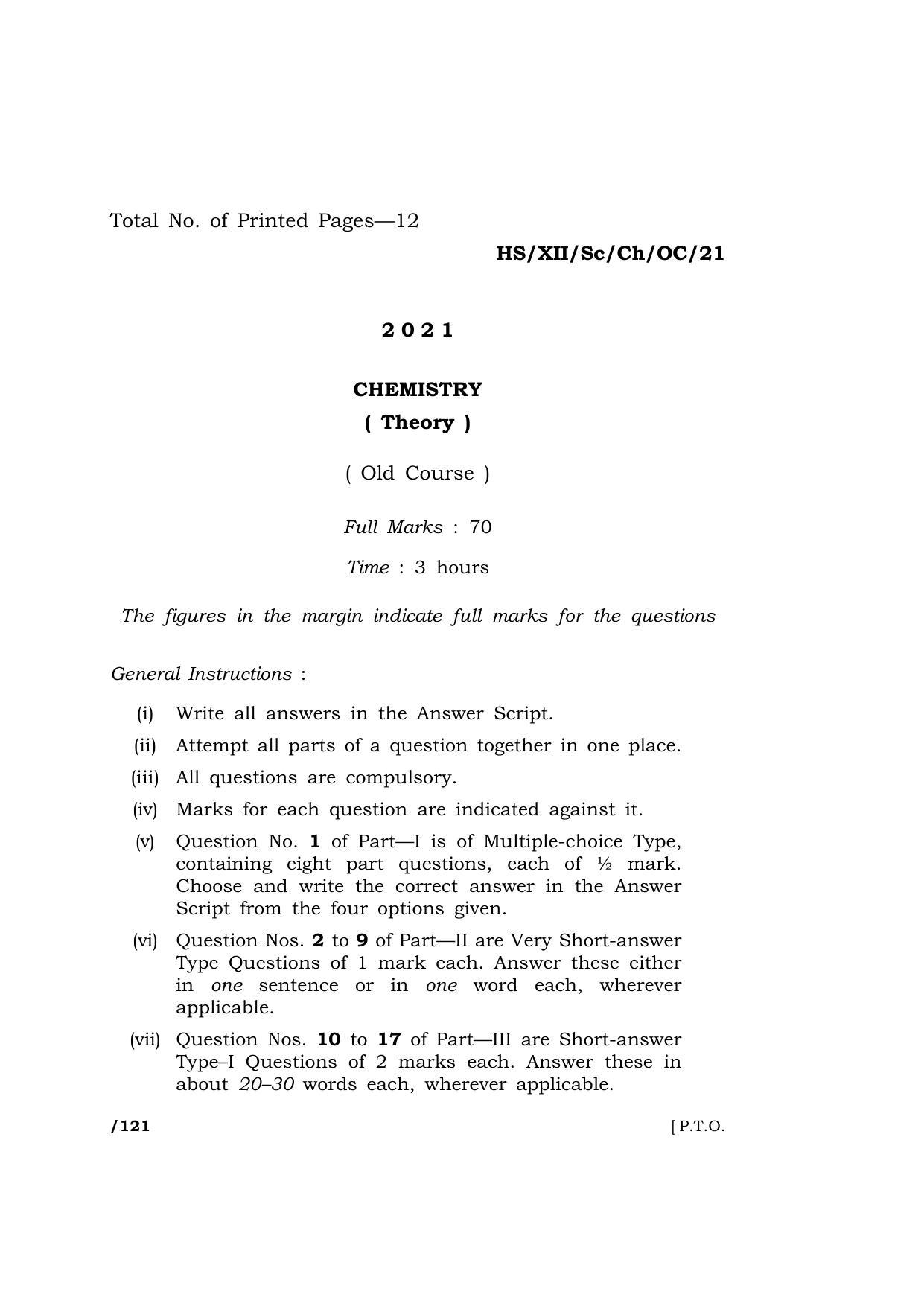 Meghalaya Board (MBOSE) Class 12 CHEMISTRY (Old Course) (HS-XII-Sc-Ch-OC-21) 2021 Question Paper - Page 1