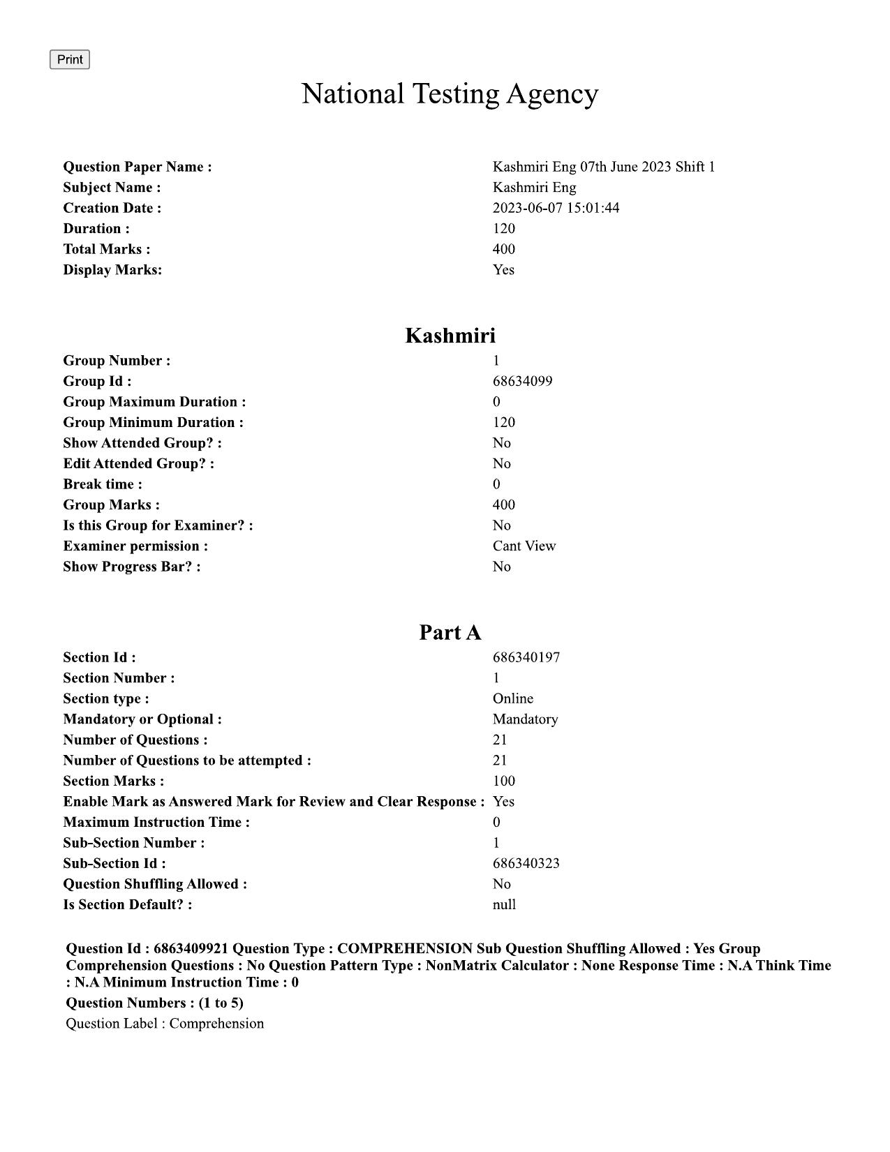 CUET PG 2023: LAQP17 – Kashmiri (Eng.)-Shift 1 (07-06-2023) Question Papers - Page 1