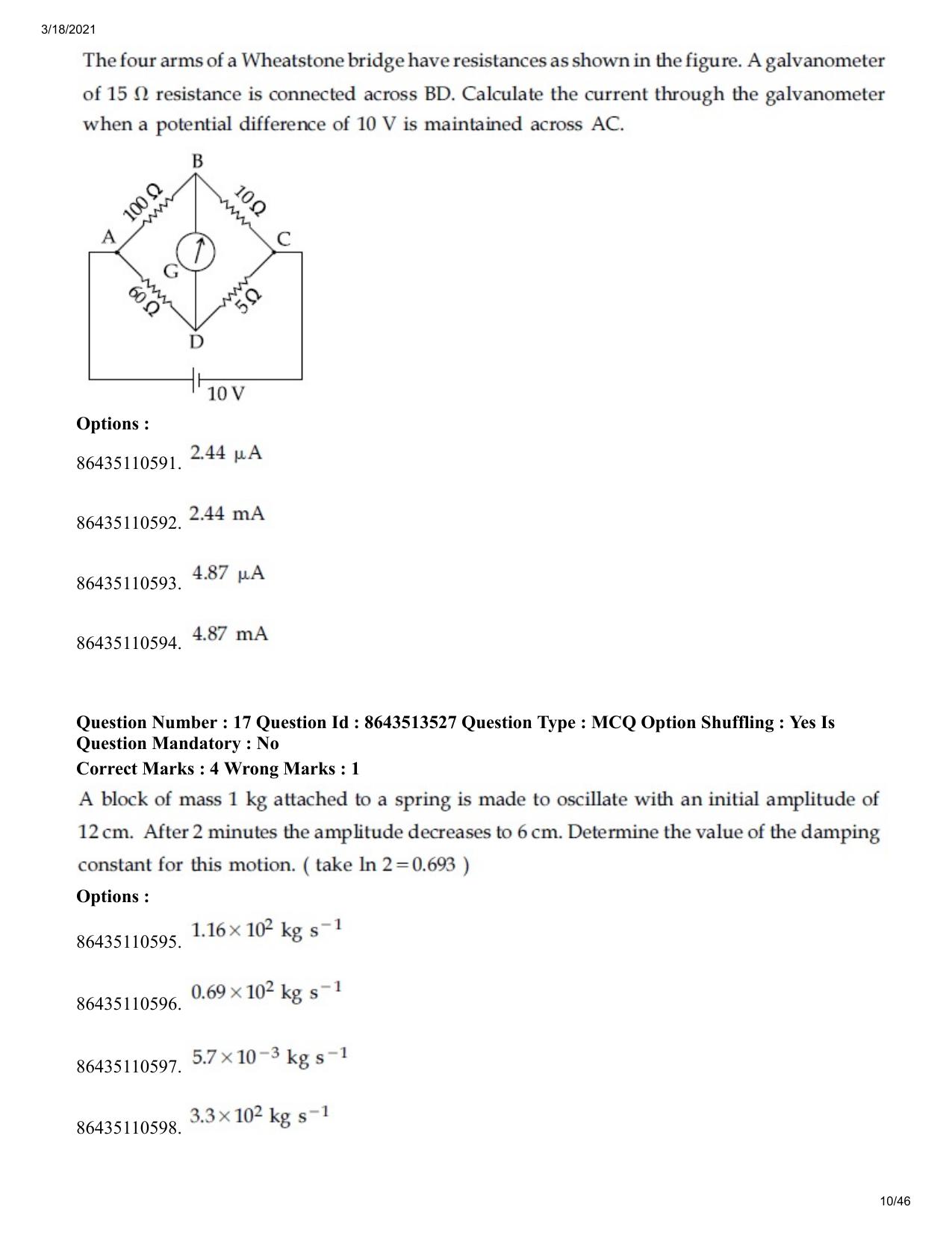 JEE Mains 2021: BTech (Shift 2) 17-03-2021 Question Paper - Page 10