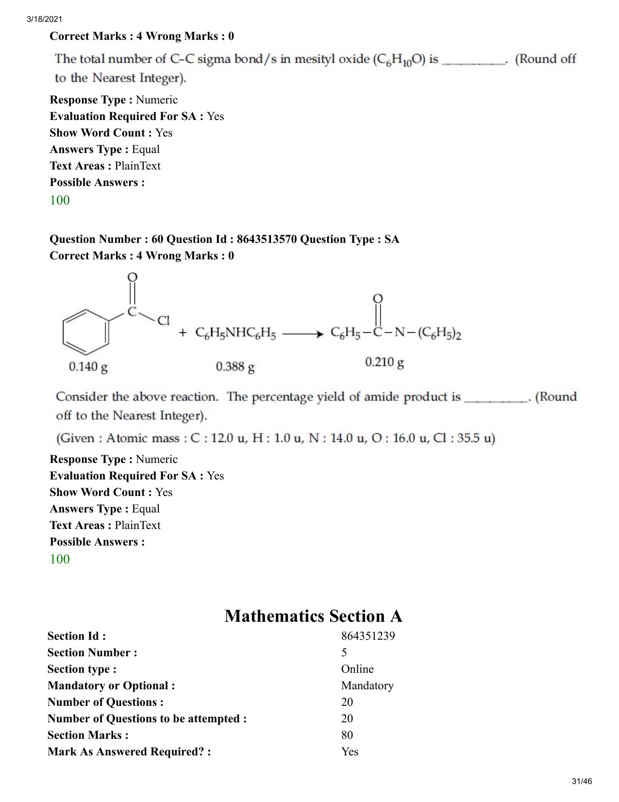 JEE Mains 2021: BTech (Shift 2) 17-03-2021 Question Paper - Page 31