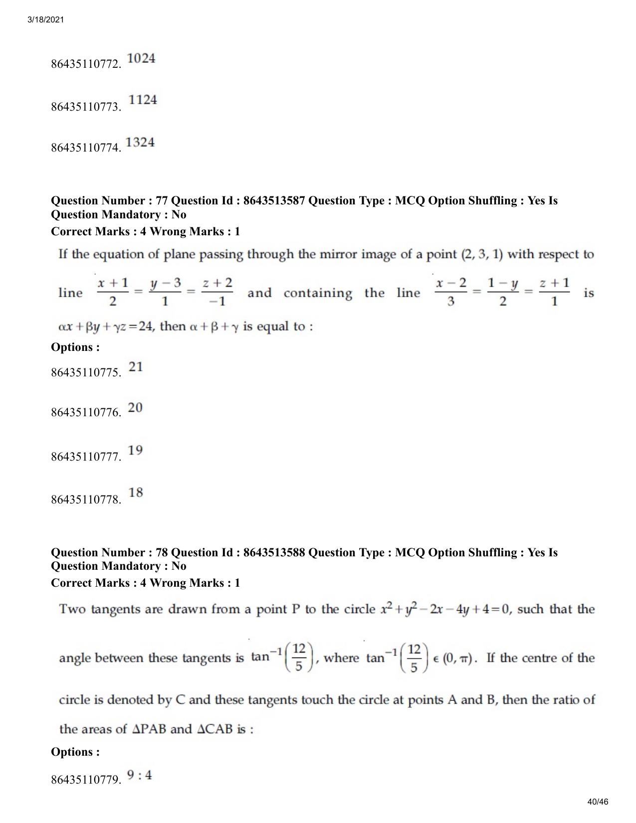 JEE Mains 2021: BTech (Shift 2) 17-03-2021 Question Paper - Page 40