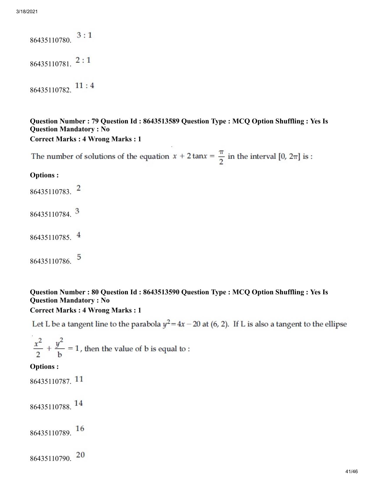 JEE Mains 2021: BTech (Shift 2) 17-03-2021 Question Paper - Page 41