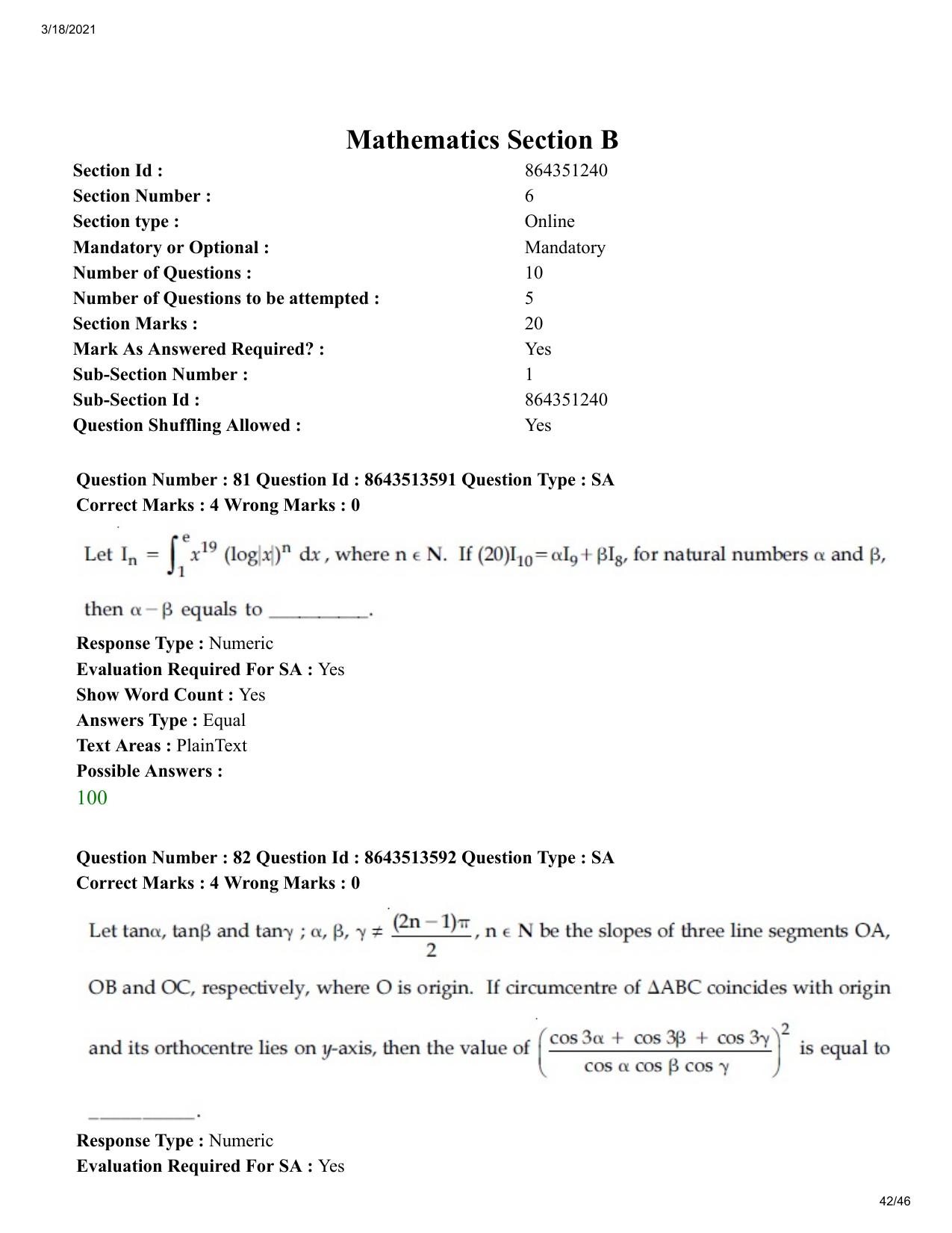 JEE Mains 2021: BTech (Shift 2) 17-03-2021 Question Paper - Page 42