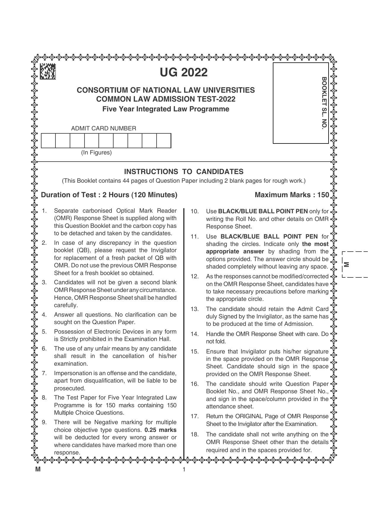 CLAT 2022 UG Question Papers - Page 1