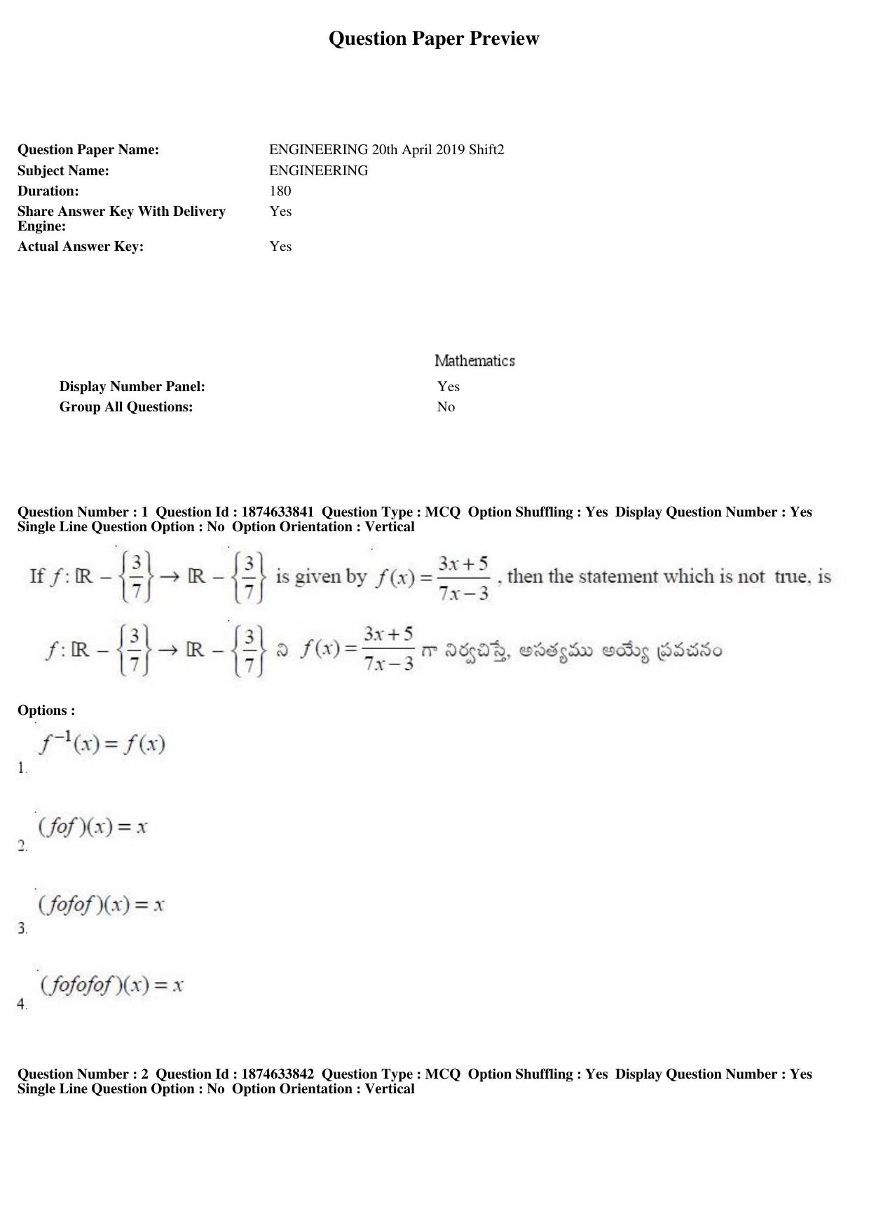 AP EAPCET 2019 - 20 April 2019 Afternoon - Master Engineering Question Paper With Preliminary Keys - Page 1