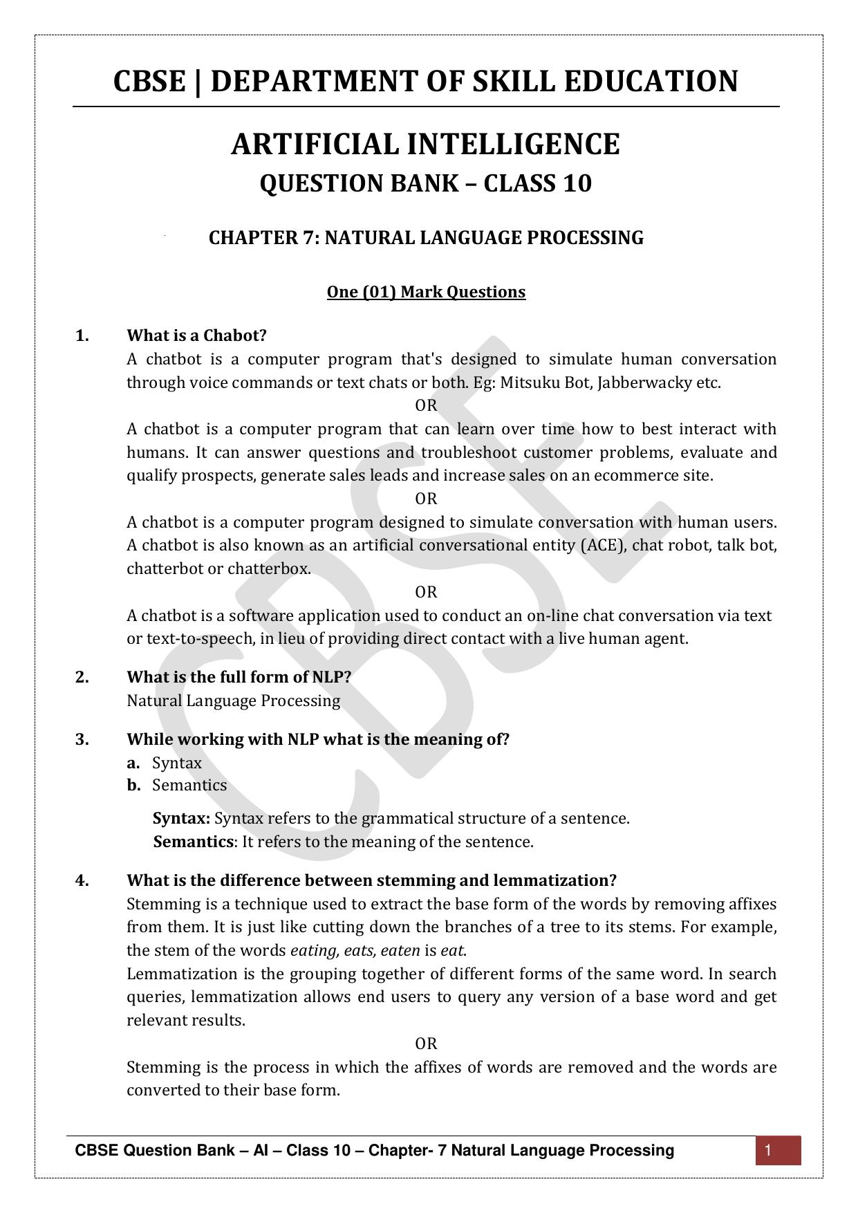 CBSE Class 10 Artificial Intelligence - Chapter 7 Question Bank - Page 1