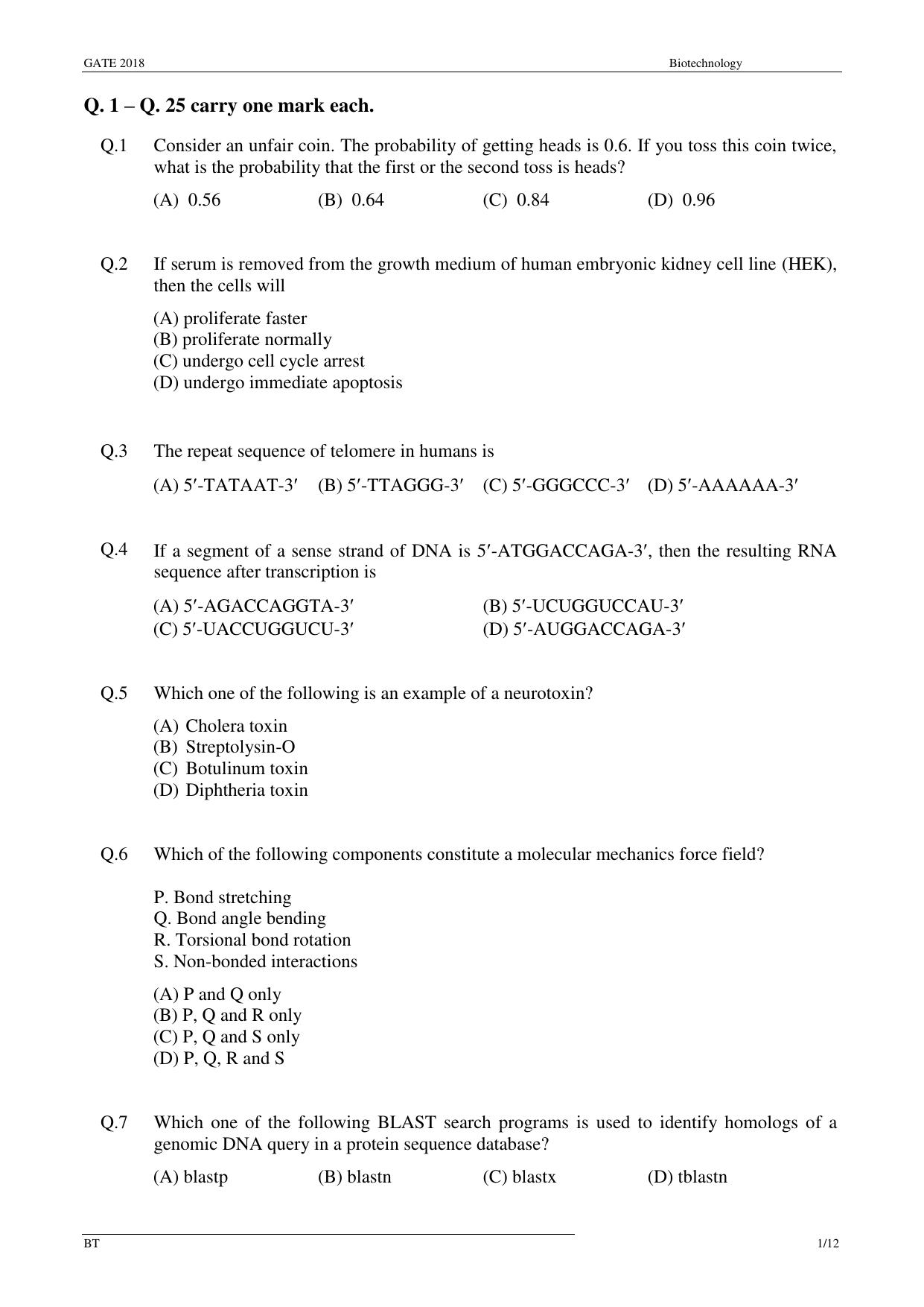GATE 2018 Biotechnology (BT) Question Paper with Answer Key - Page 3