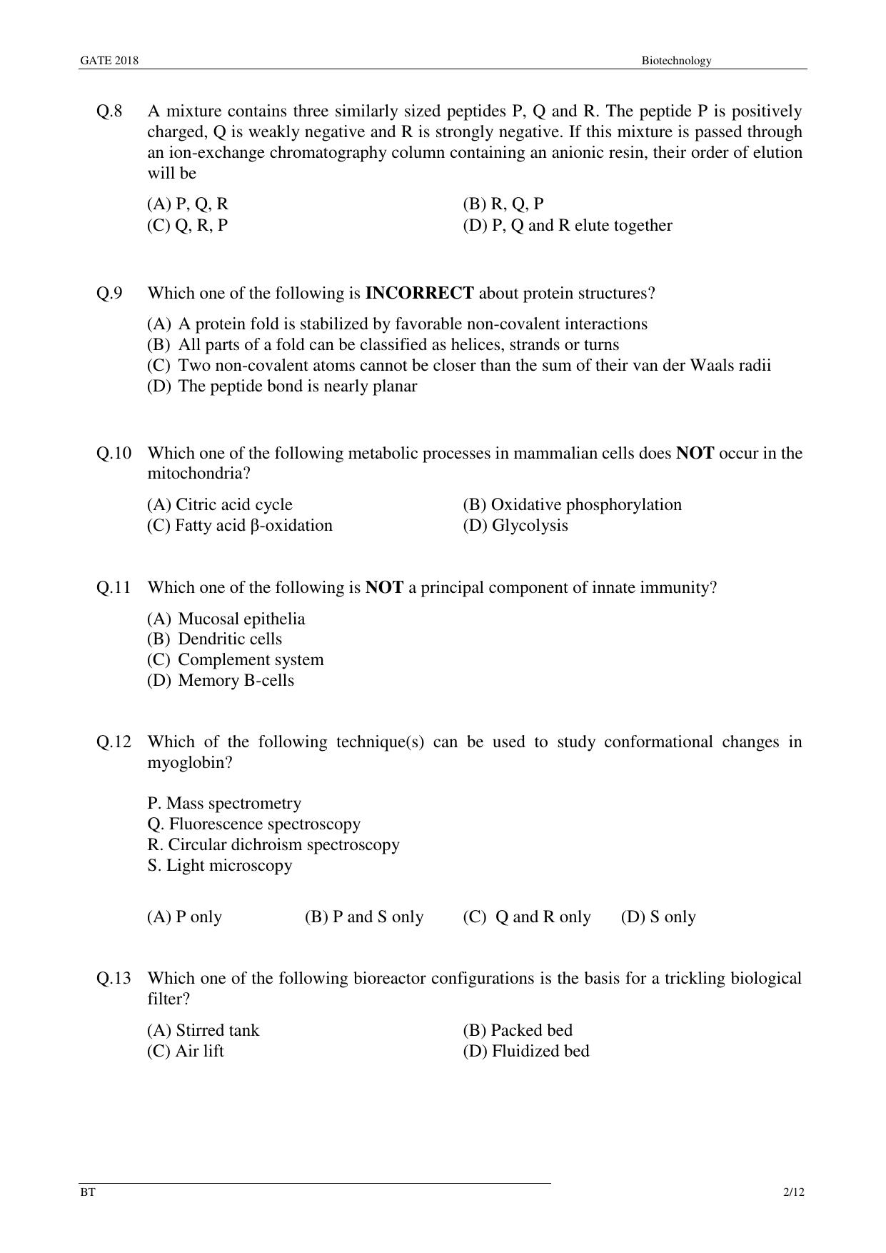 GATE 2018 Biotechnology (BT) Question Paper with Answer Key - Page 4