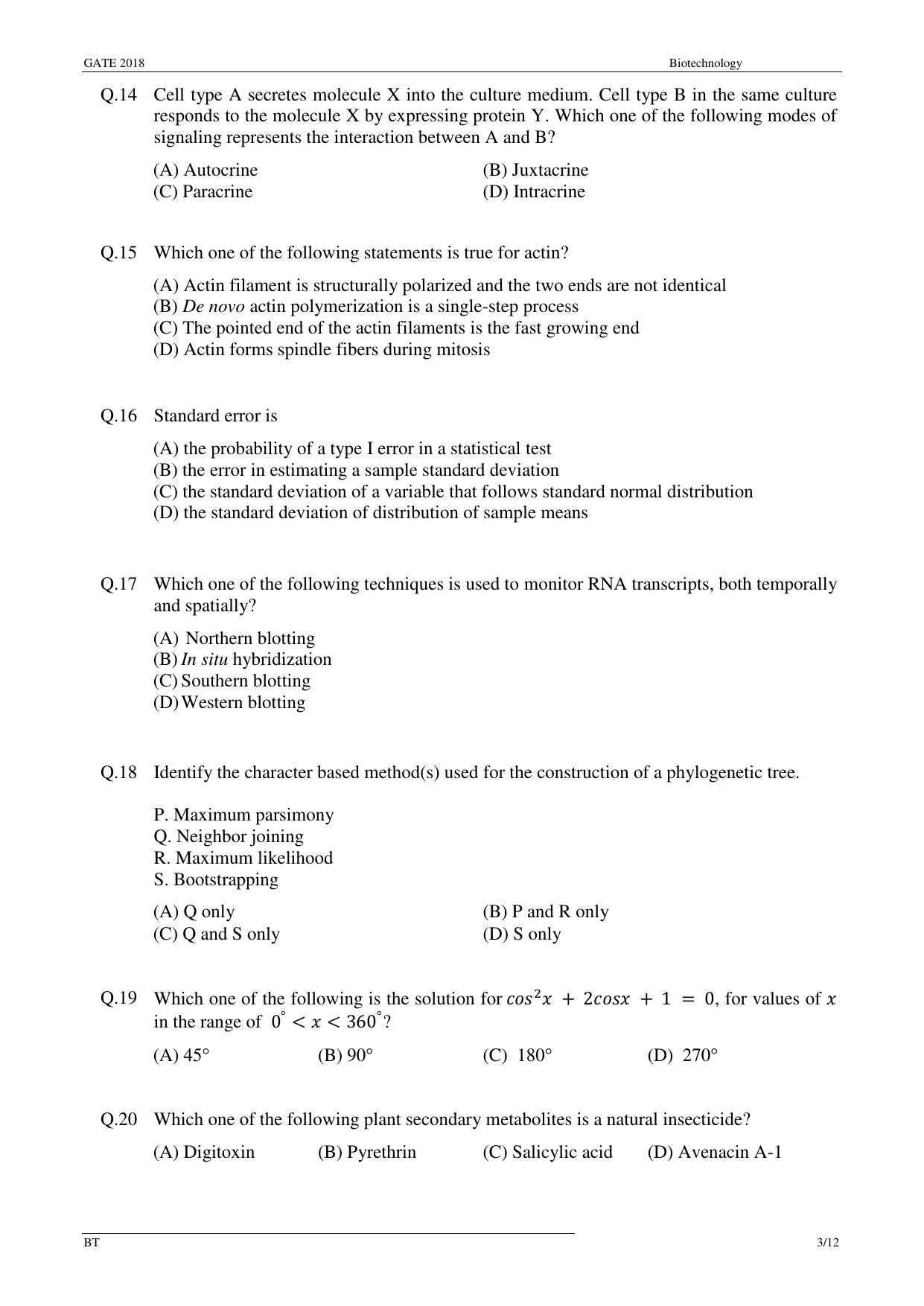 GATE 2018 Biotechnology (BT) Question Paper with Answer Key - Page 5