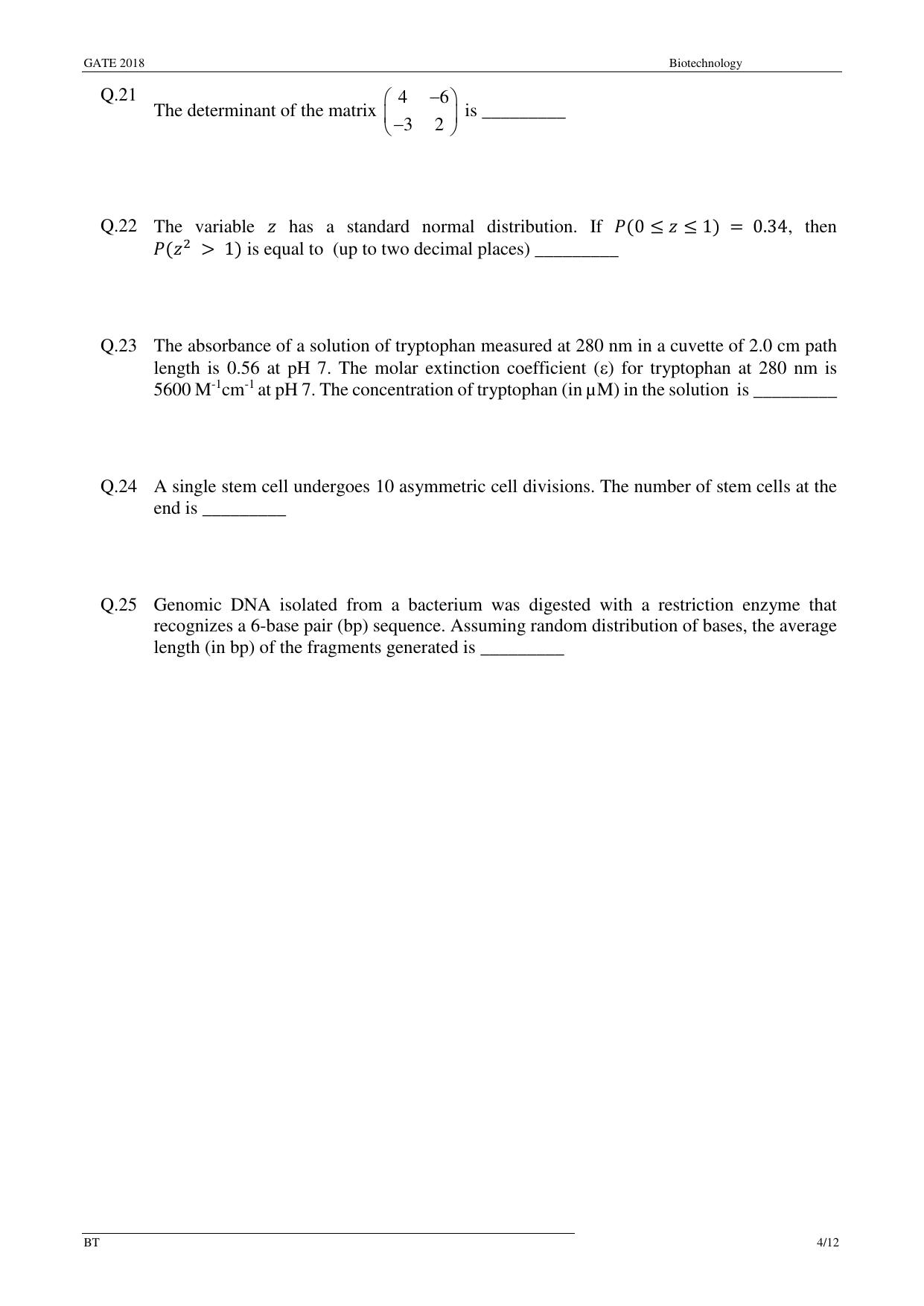 GATE 2018 Biotechnology (BT) Question Paper with Answer Key - Page 6