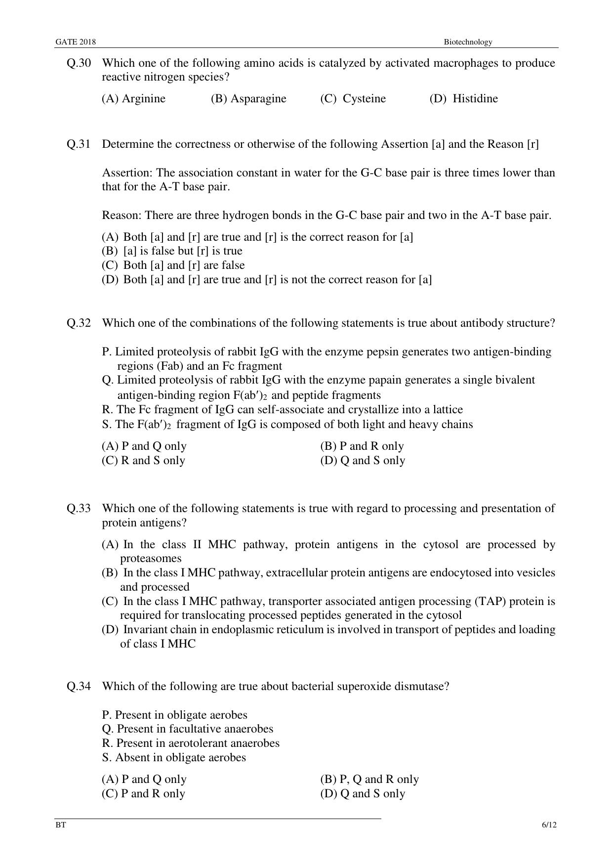 GATE 2018 Biotechnology (BT) Question Paper with Answer Key - Page 8