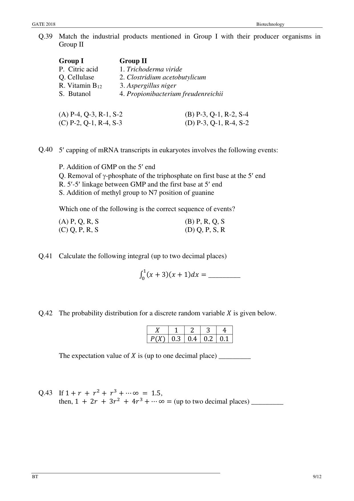 GATE 2018 Biotechnology (BT) Question Paper with Answer Key - Page 11