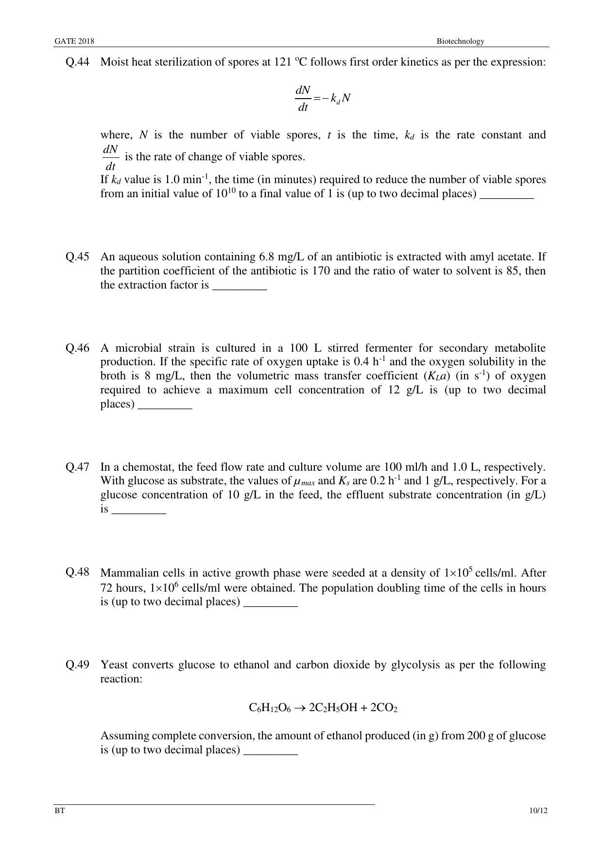 GATE 2018 Biotechnology (BT) Question Paper with Answer Key - Page 12