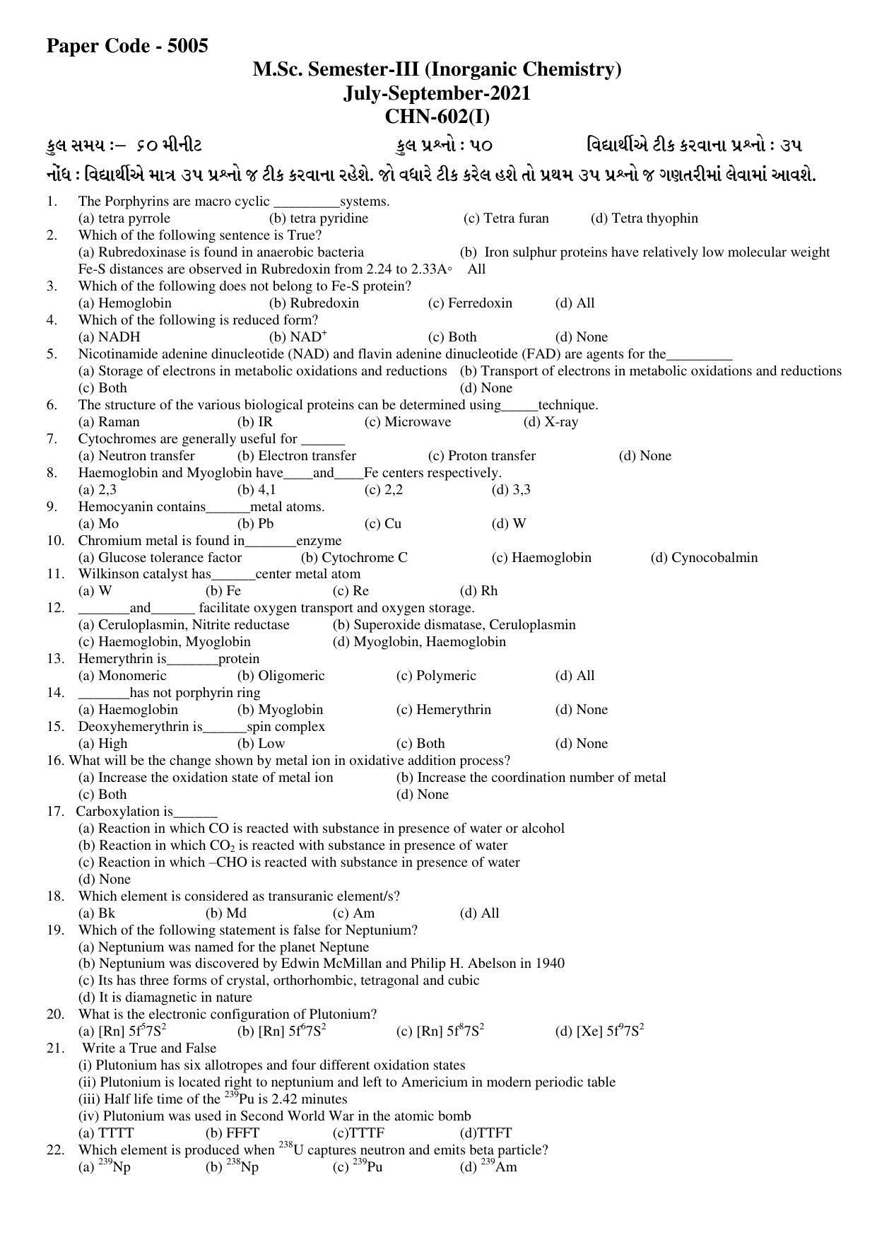 Hemchand North Gujarat University Sample Paper July-Sept 2021: M.Sc. Semester-III CH N - 602 -I Inorganic Chemistry Paper Code - 5005 - Page 1