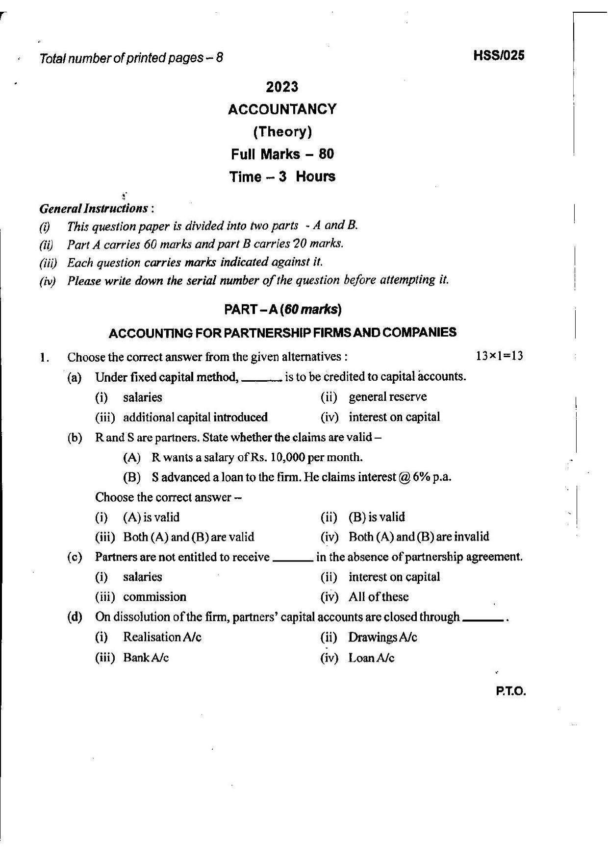 MBSE HSSLC 2023 Commerce Question Paper - Page 1