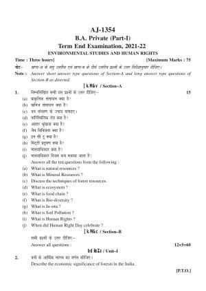 Bilaspur University Question Paper 2021-2022:B.A. Part-I (One) (Private) Environmental Studies & Human Rights Paper 1