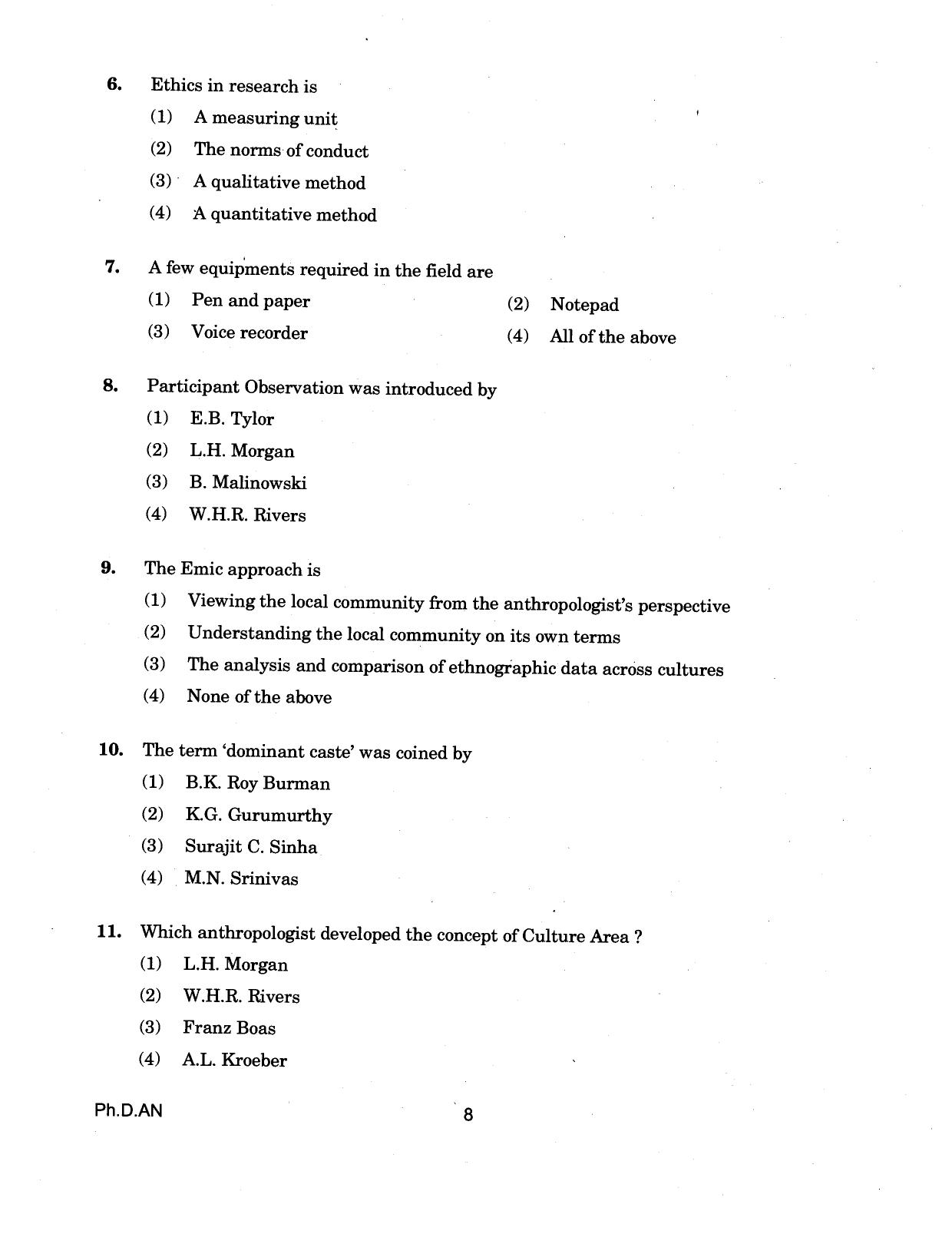 IGNOU PhD Entrance Test Ph.D (Anthropology) 2018 Question Paper - Page 8