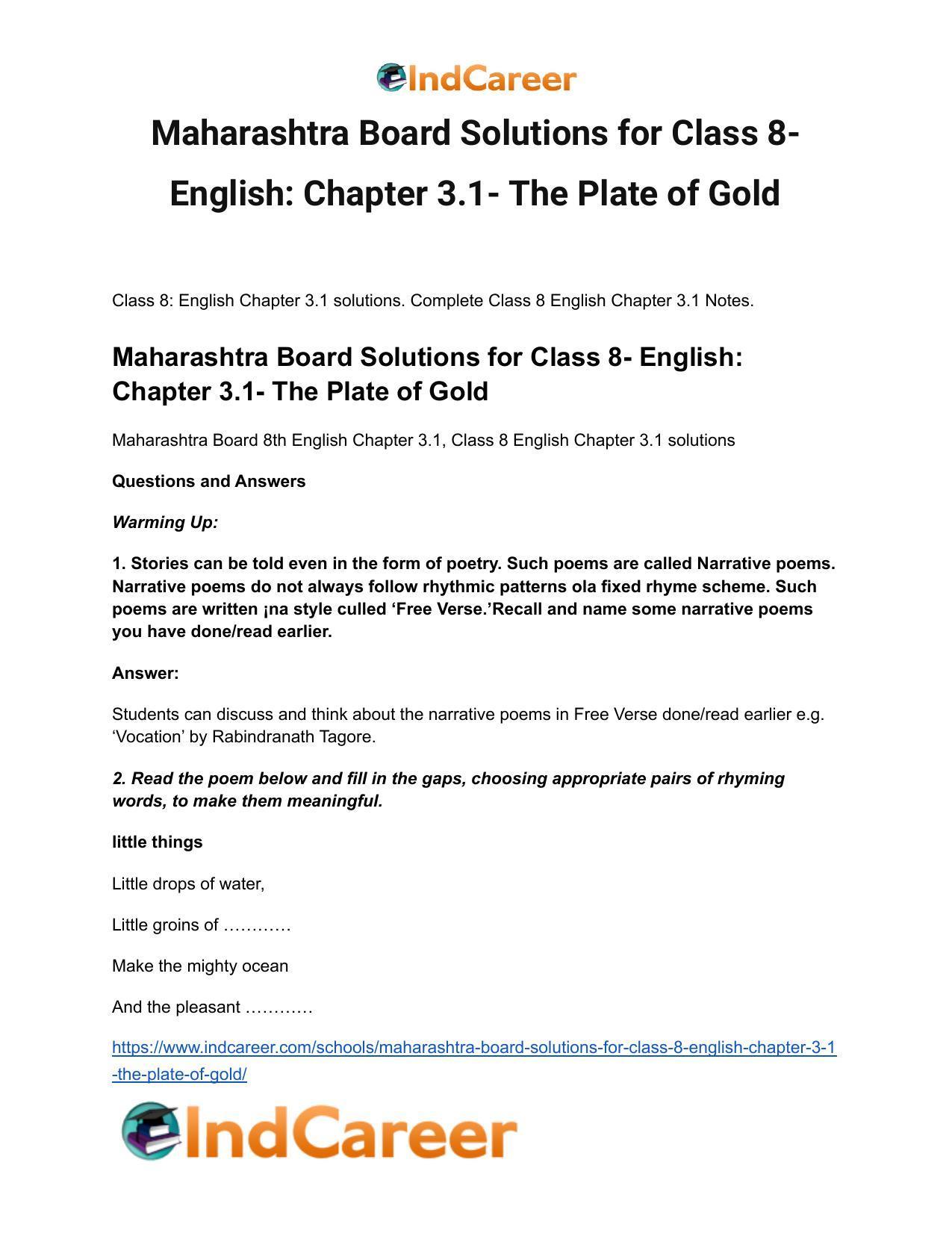 Maharashtra Board Solutions for Class 8- English: Chapter 3.1- The Plate of Gold - Page 2