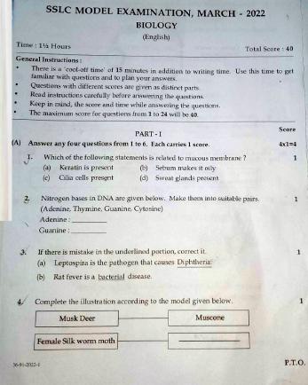 Kerala SSLC 2022 Biology Question Paper (EM) (Model) - Page 1