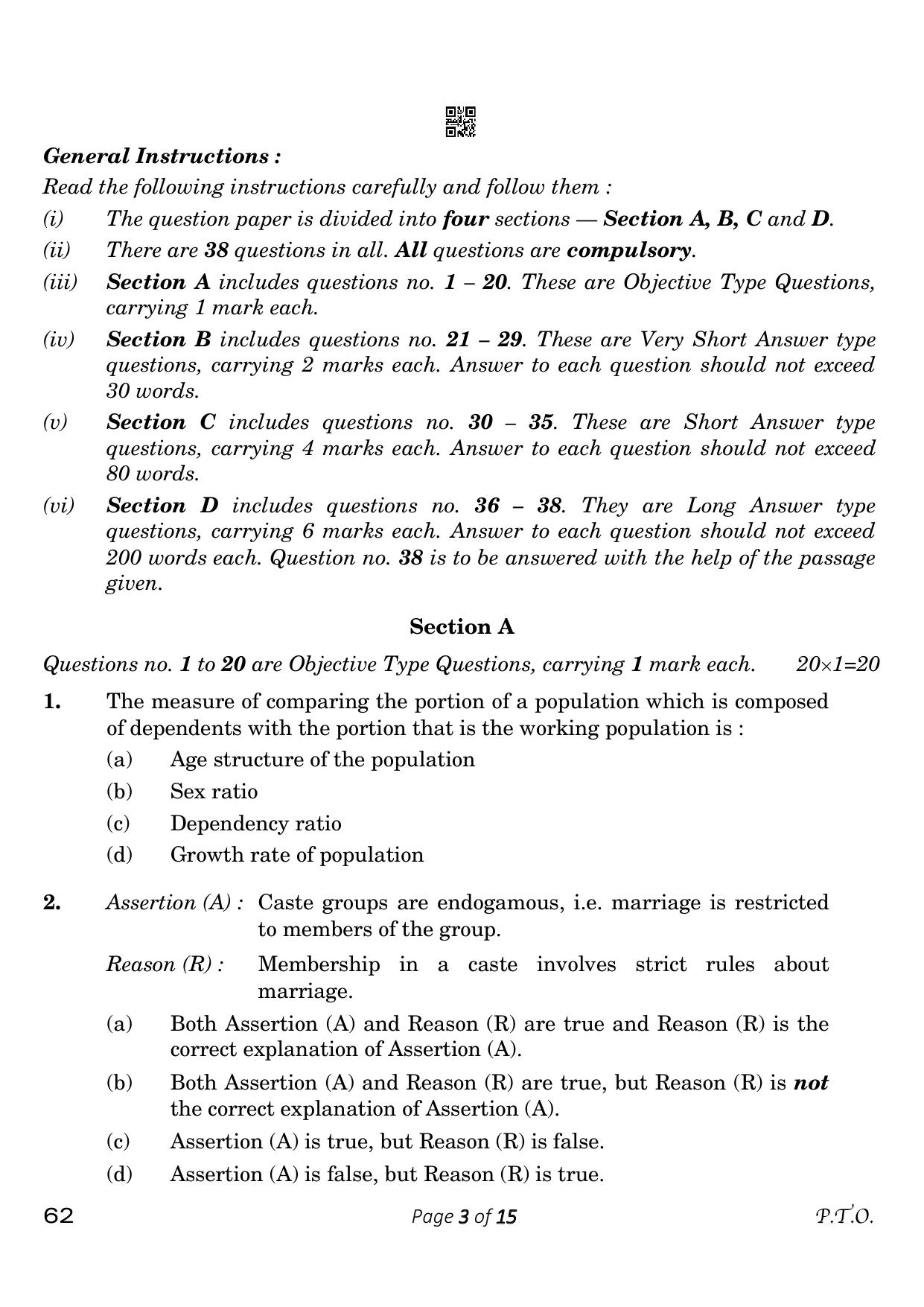 CBSE Class 12 62 Sociology 2023 Question Paper - Page 3