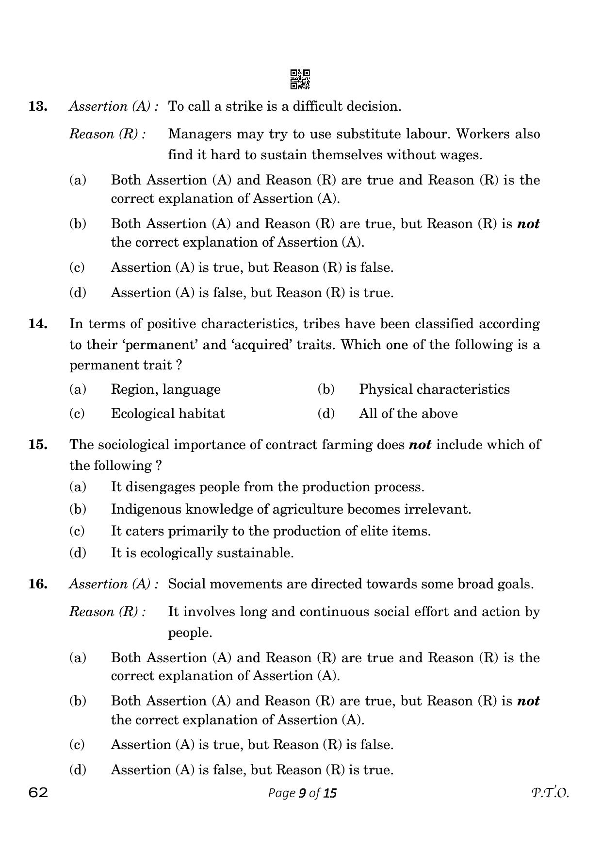 CBSE Class 12 62 Sociology 2023 Question Paper - Page 9