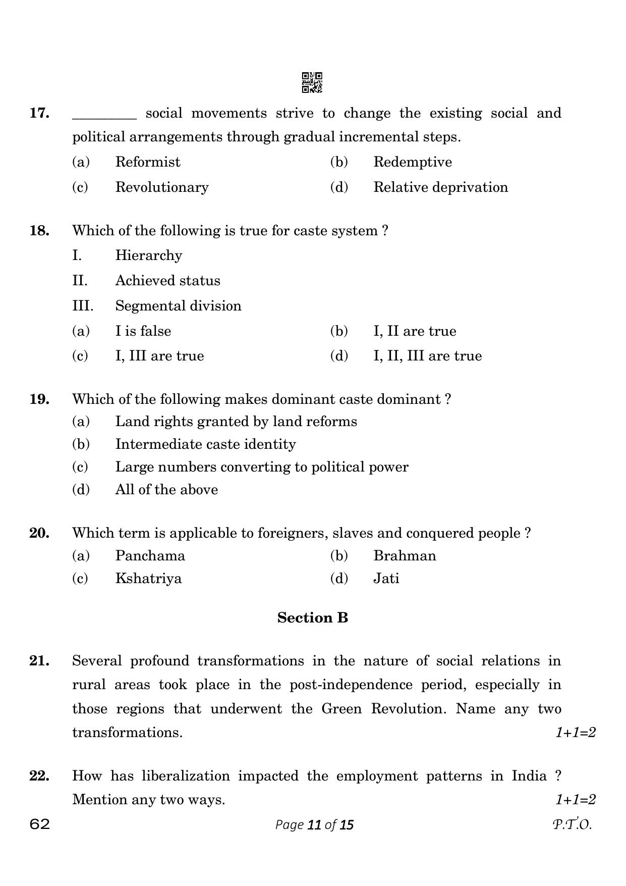 CBSE Class 12 62 Sociology 2023 Question Paper - Page 11