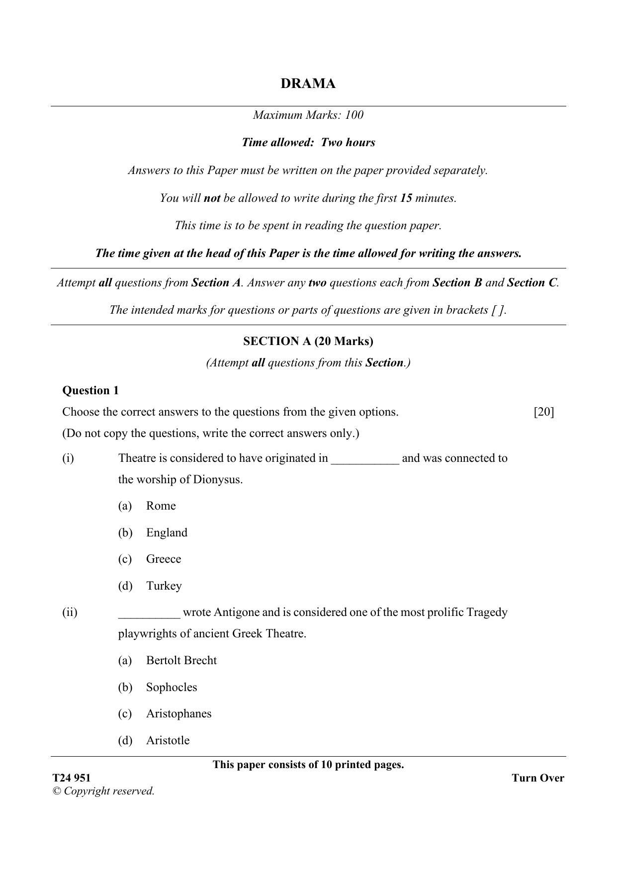 ICSE Class 10 DRAMA 2024 Question Paper - Page 1